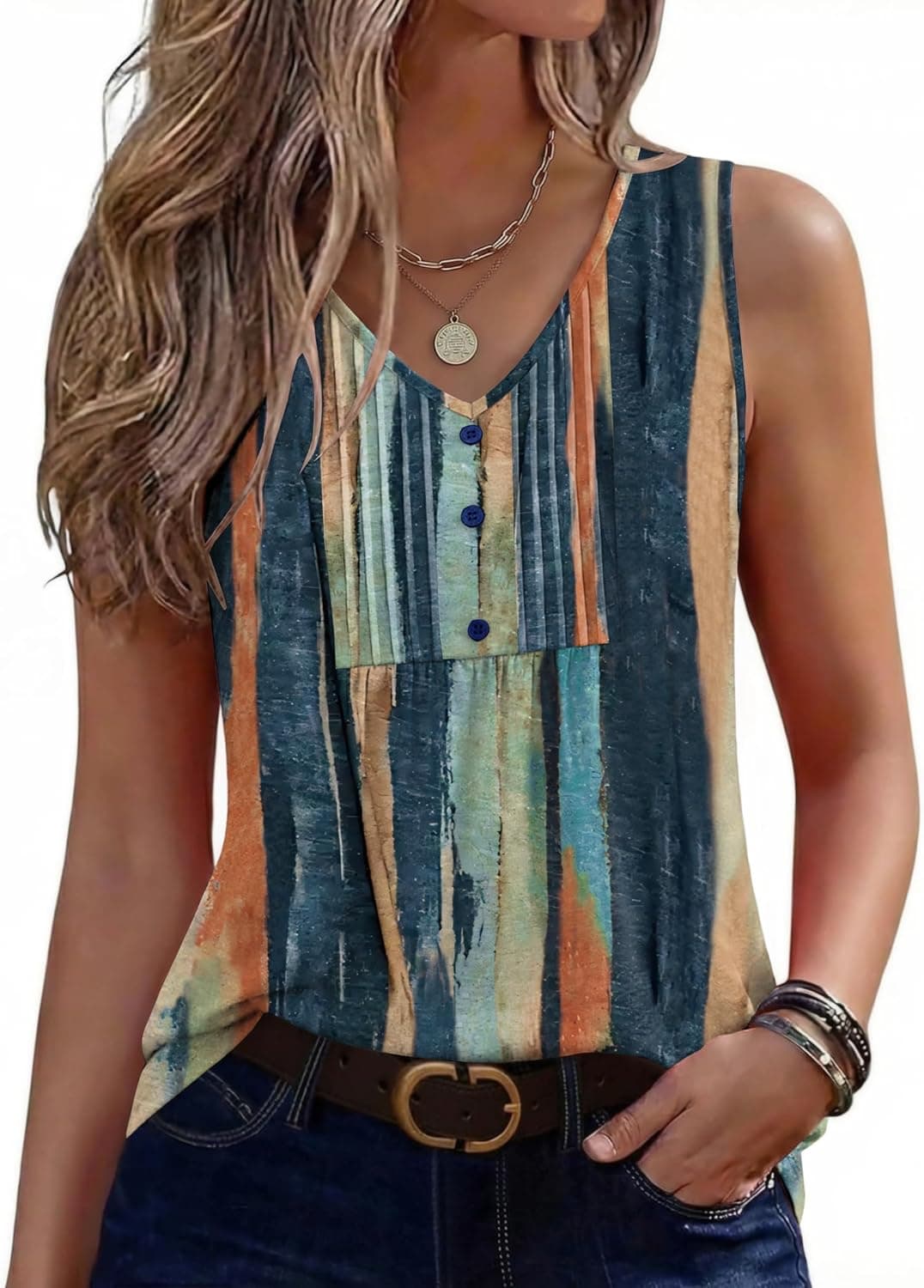 Zeagoo Womens Tank Tops Summer Sleeveless Pleated V Neck Tunic Shirts Loose Casual Button Flowy Boho Clothes S-3XL