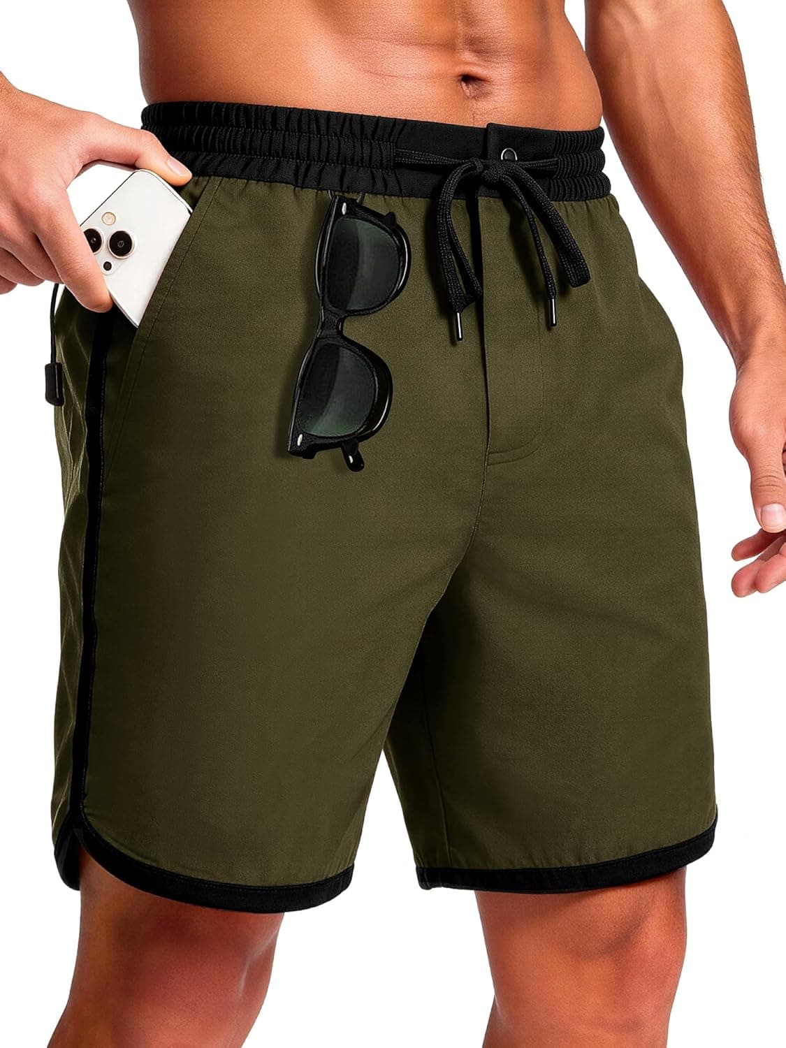 Men's Swim Trunks with Loop, Quick Dry Color Block Board Shorts Lightweight Bathing Suits for Men - No Mesh Liner