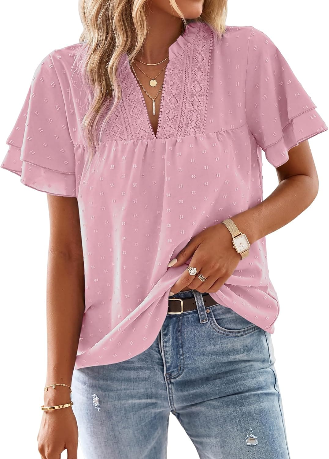 Women's V Neck Dressy Blouses Butterfly Short Sleeve Tunic Tops Trendy Boho Flowy Swiss Dot Shirts - image 1