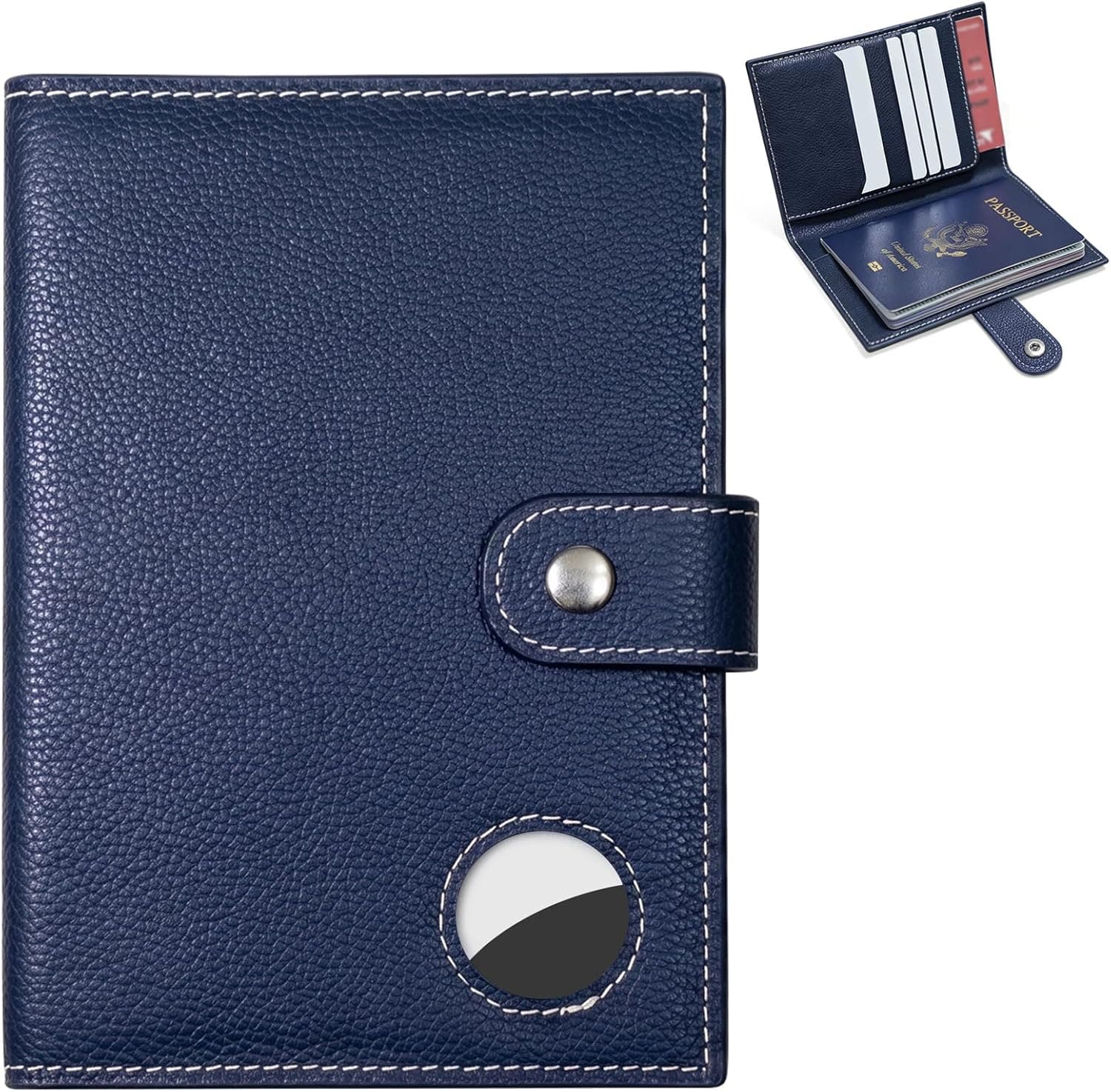 Genuine Leather Passport Holder for Travel, RFID Blocking Passport Wallet with Tracker Holder, Slim Passport Cover Travel Wallet for Women Men, Airport Essentials (Blue)