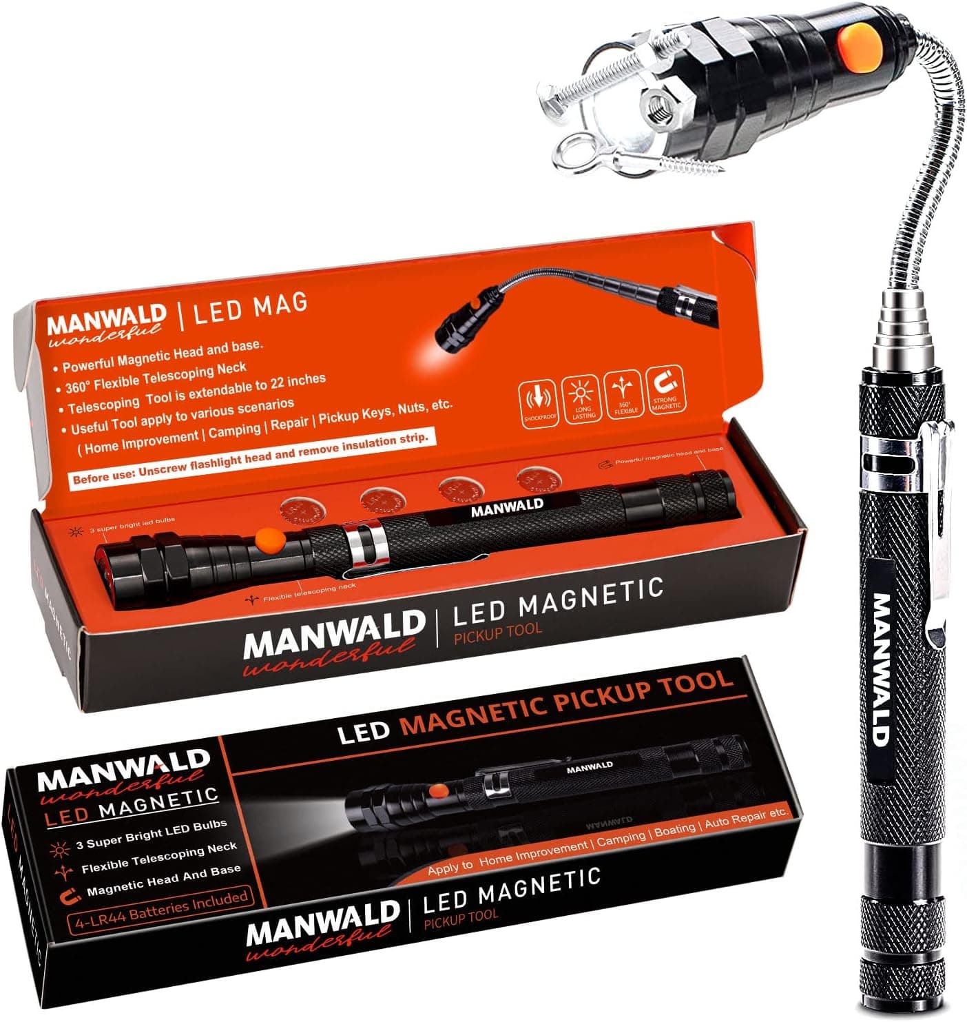 LED Magnetic Pickup Tools, Cool Gadgets Gifts for Him Adults, Telescoping Magnetic Flashlights with Extendable Magnet Stick, Fathers Day Gift, Birthday Gifts for Men, Him, Dad, Boyfriends, Black