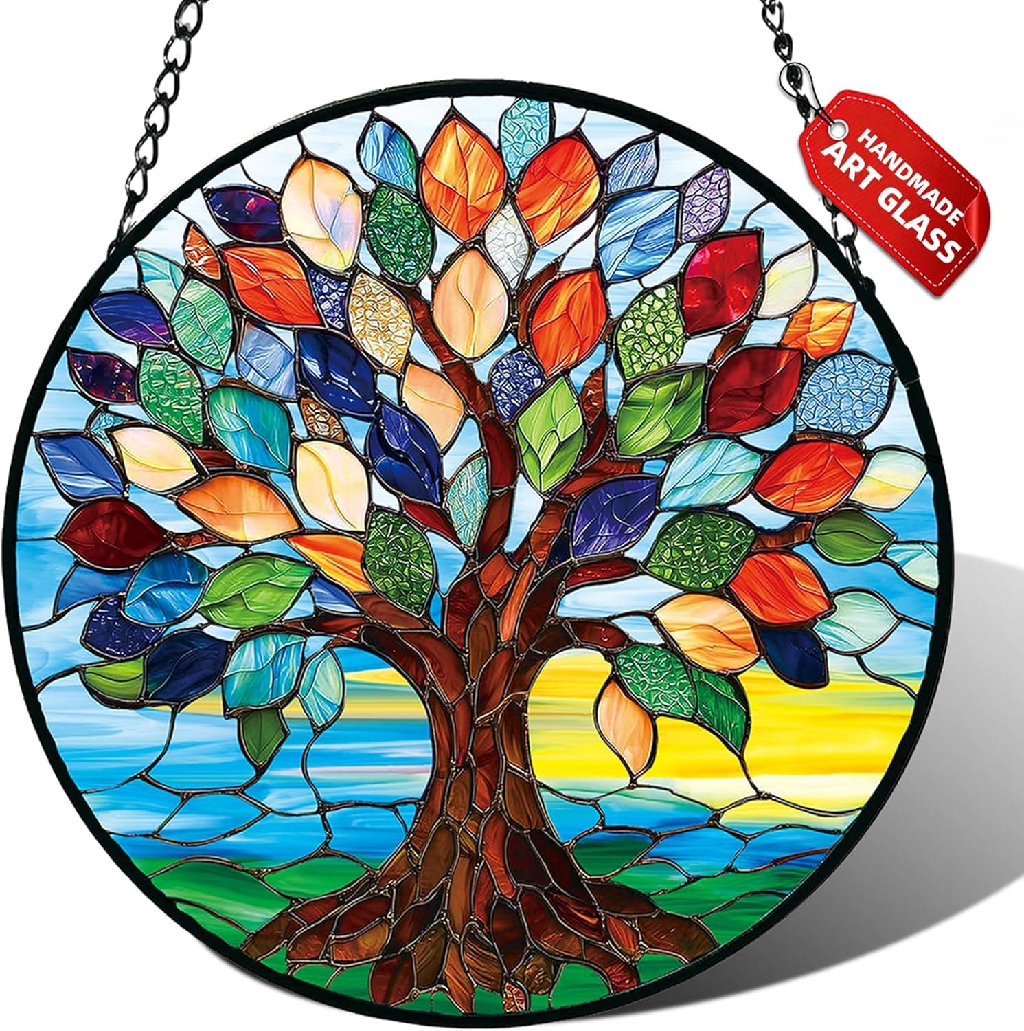 Stained Glass Window Hanging, Colorful Tree of Life Suncatcher for Door Home Decor, Glass Panel Sunrise Sun Catcher Ornament Mother's Day Birthday Gifts for Women Men Mom 7.8 in