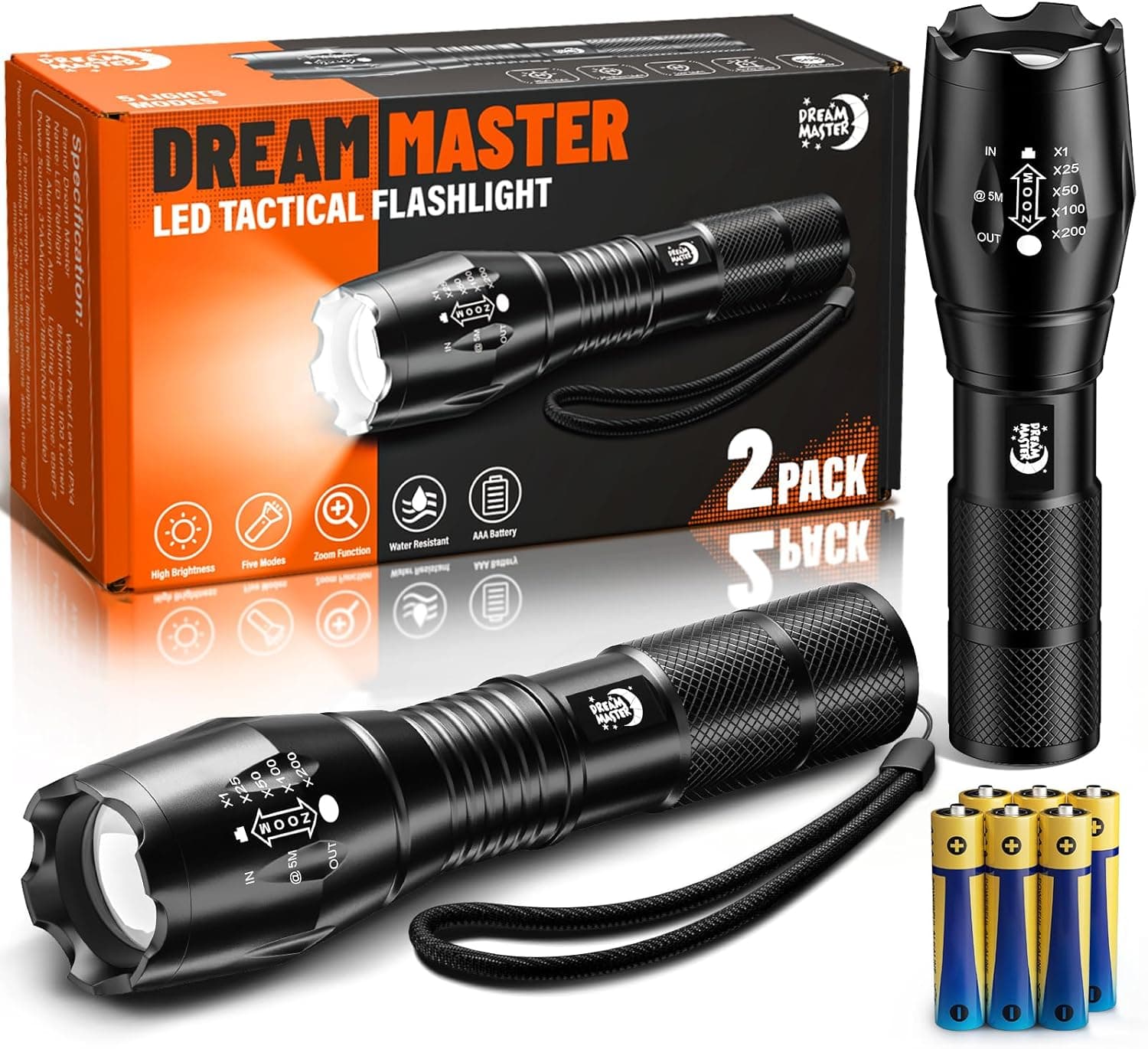 Dream Master Stocking Stuffers Men,2 Pack LED Flashlights High Lumens with 6 AAA Batteries,5 Modes Mini Waterproof Tactical Bright Flashlight Camping Hiking,Mens Gifts Christmas,Gifts Men Dad