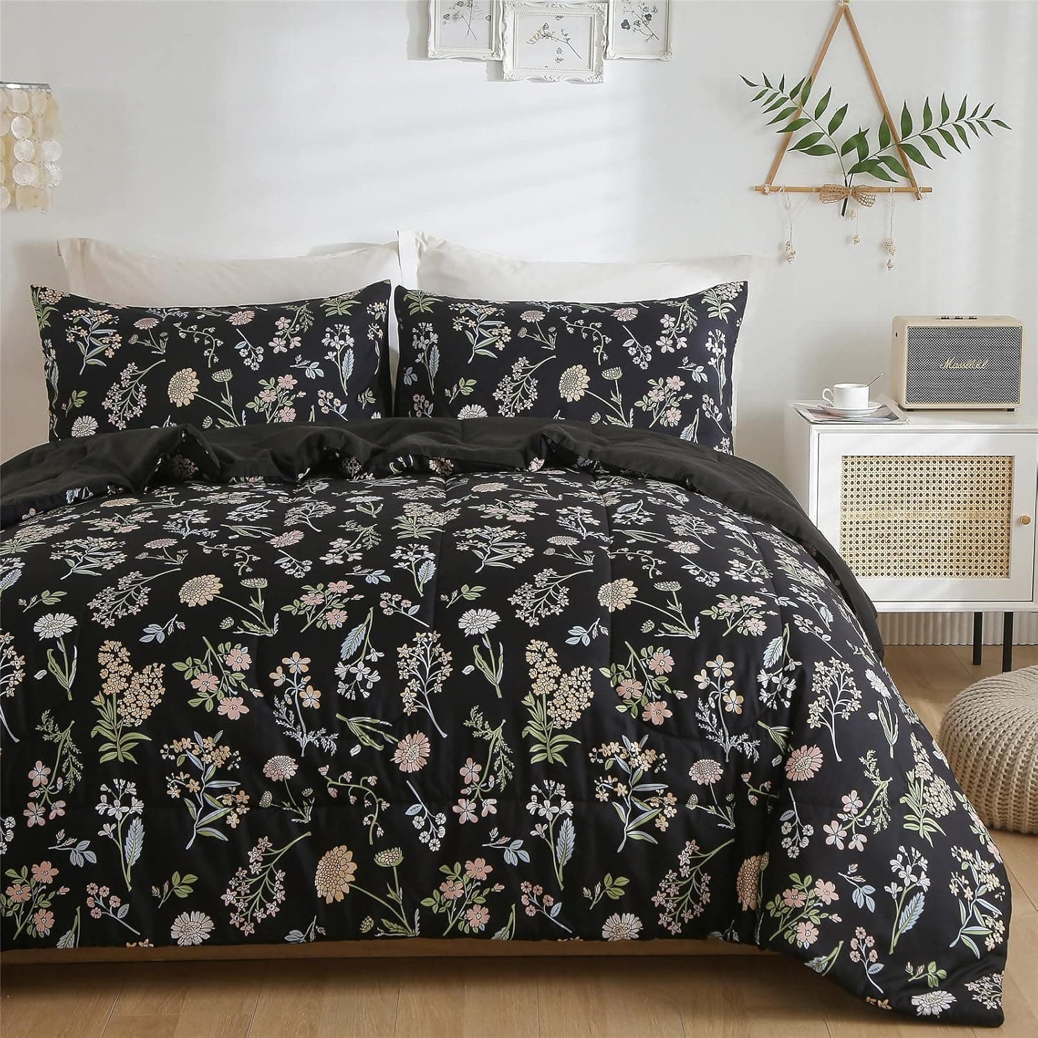 Floral Comforter Set King Size, Yellow Green Botanical Flower Leaves Printed Black Comforter for Kids Teen Women, 3 Piece Soft Microfiber Bedding Set with 2 Pillow Cases for All Season(Black,King) - image 1