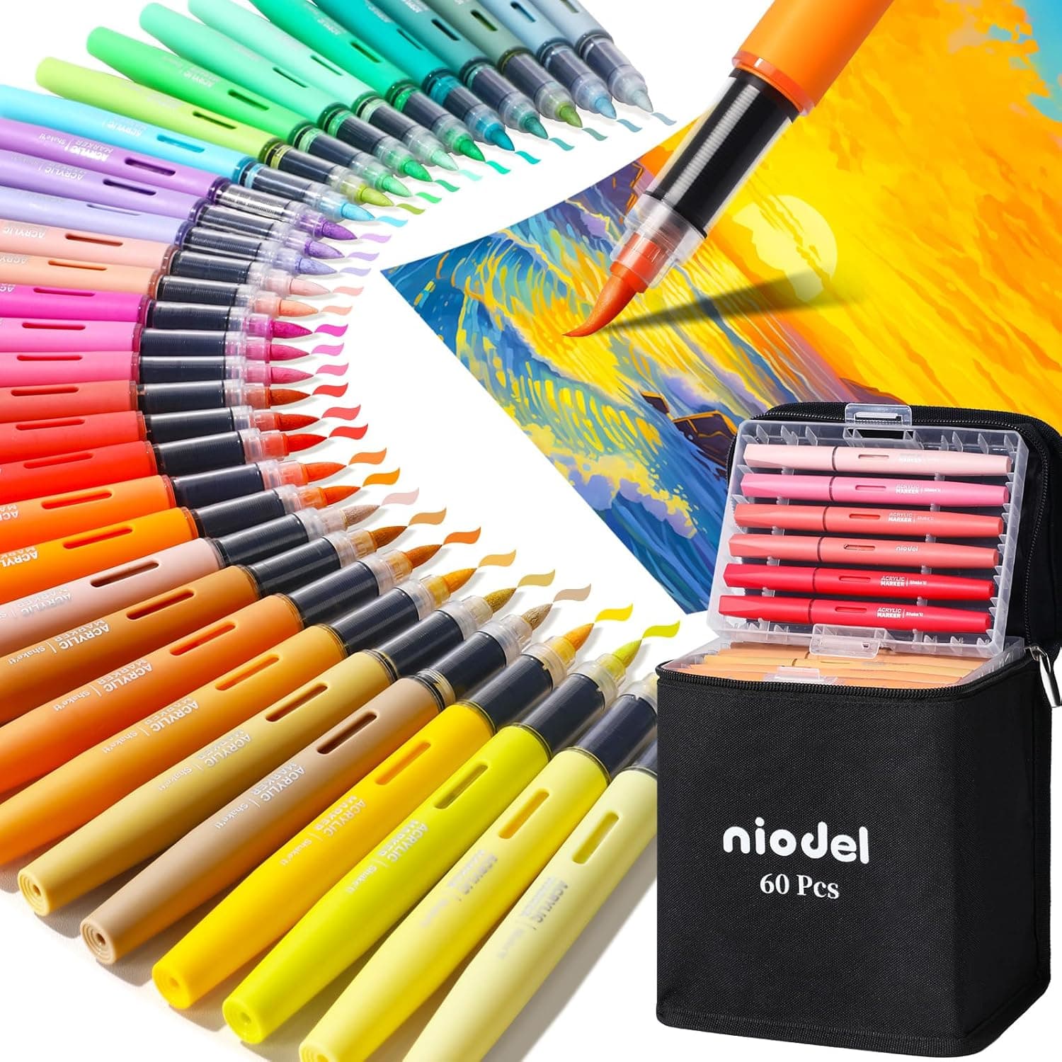 60 Packs Direct Liquid Acrylic Paint Markers, Flexible Brush Tip, Instant Flow (No Pressing Required), High Opacity Paint Pens for Rock Painting, Wood, Canvas, Glass, DIY Crafts - image 1