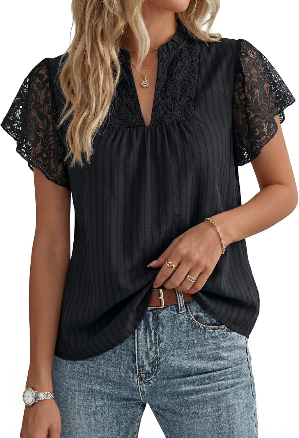 GRACE KARIN Womens Lace Short Sleeve Tops Summer Dressy Casual Cotton Blouses Flowy V Neck Dress Shirts Trendy Clothing 2026 - image 1