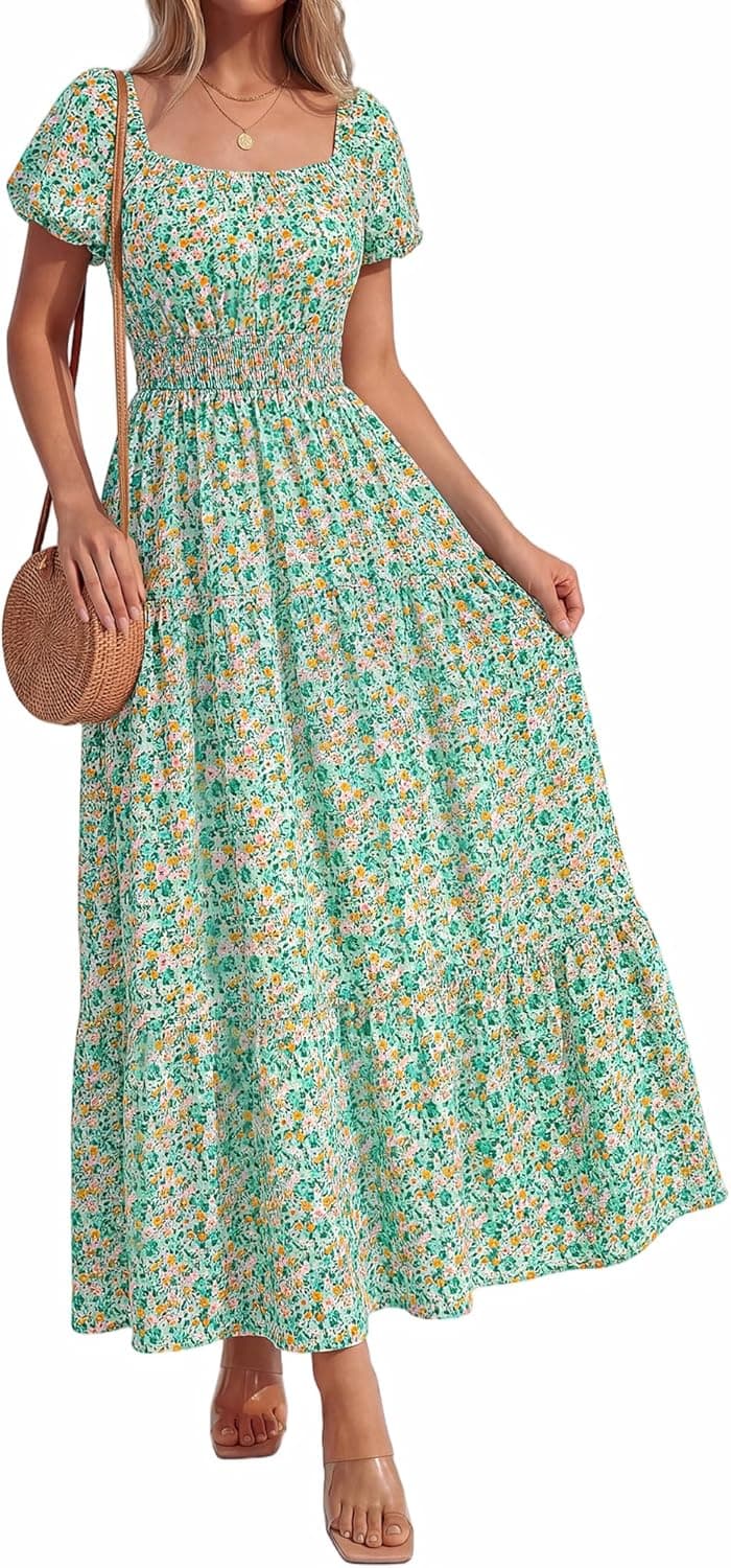 BTFBM Summer Dress for Women 2026 Spring Floral Short Sleeve Casual Flowy A-Line Smocked Tiered Maxi Dresses Pockets - image 1