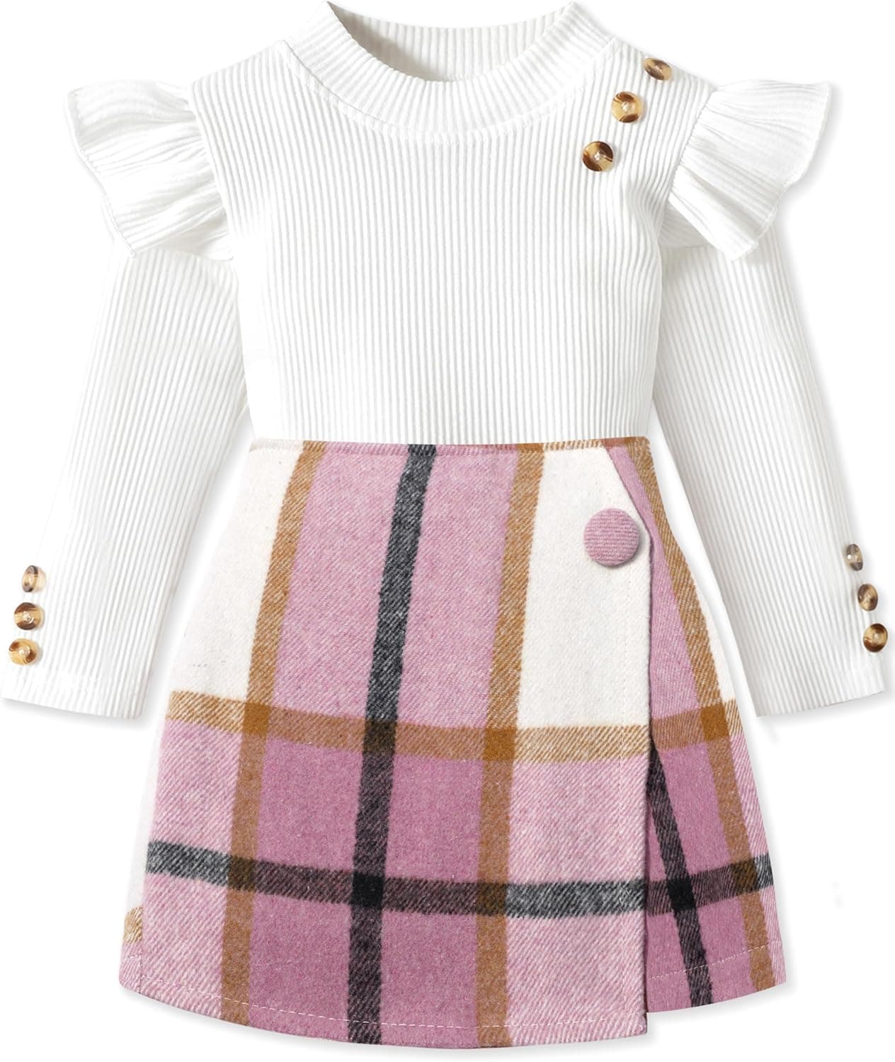 Aulyffo Toddler Girl Outfit Set: Long Sleeve Ruffle Top, Plaid Shorts, and Hat 3Pc - image 1
