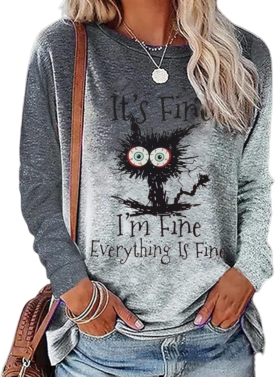 MNLYBABY It's Fine I'm Fine Everything Is Fine Sweatshirt Women Cute Black Cat Tee Tie Dye Cat lover Long Sleeve Top - image 1