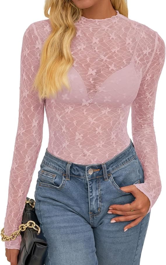 BTFBM Womens Tops Mesh Lace Long Sleeve Tops for Women 2026 Spring Fall Sexy Sheer See Through Tight Party Club Outfits