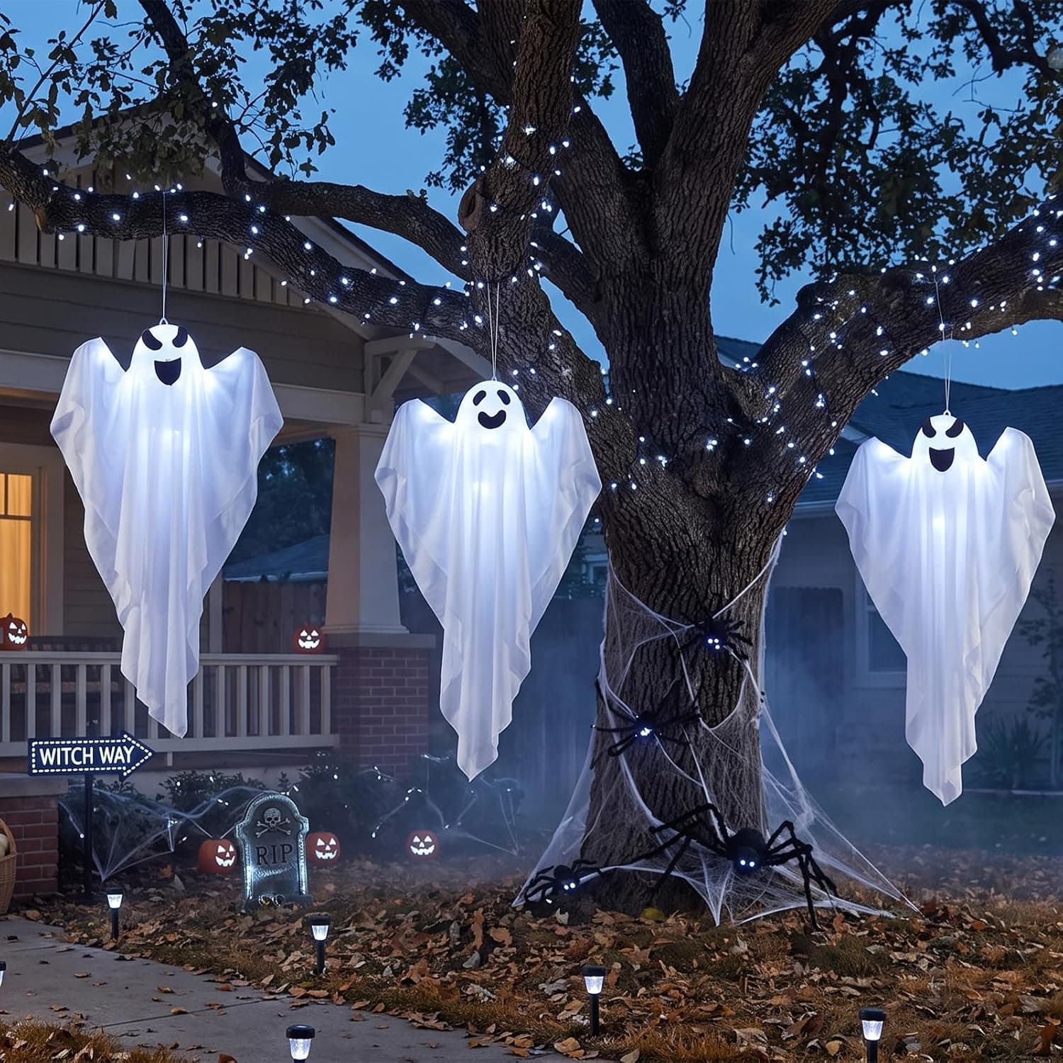 3 Pack Hanging Ghost Halloween Decorations Outdoor – 32 Inch Lighted Floating Ghosts with 45 LEDs, Battery Operated with Timer, Classic Witch Hat Design for Porch, Tree, Yard, Party, Haunted House