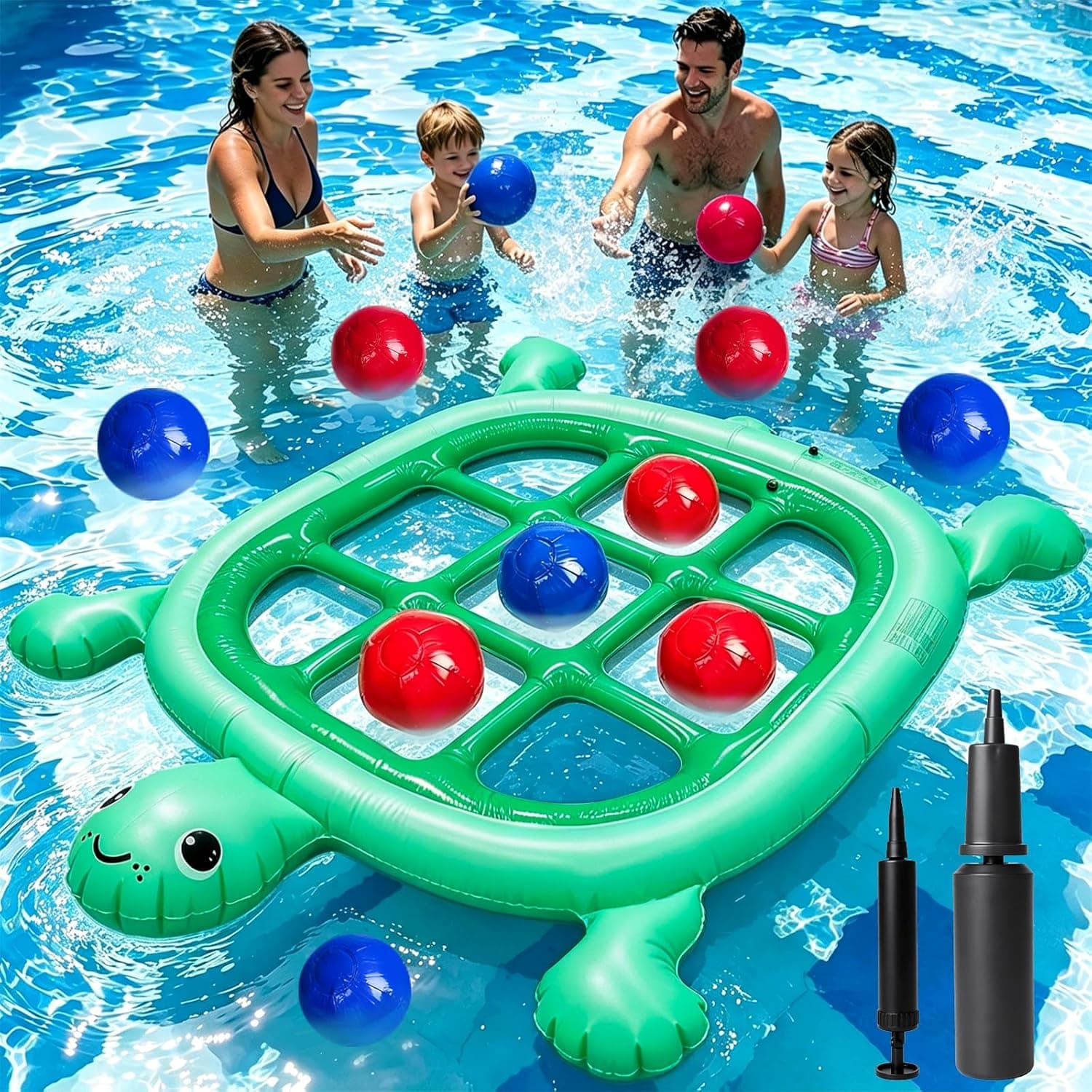 Pool Toys Games Set – Inflatable Tic Tac Toe with 10 Balls, Giant Floating Pool Floats Toy for Kids Adults Teens, Outdoor Summer Beach Lake Party, 2-10 Players, Premium PVC (Hand Pump Included)