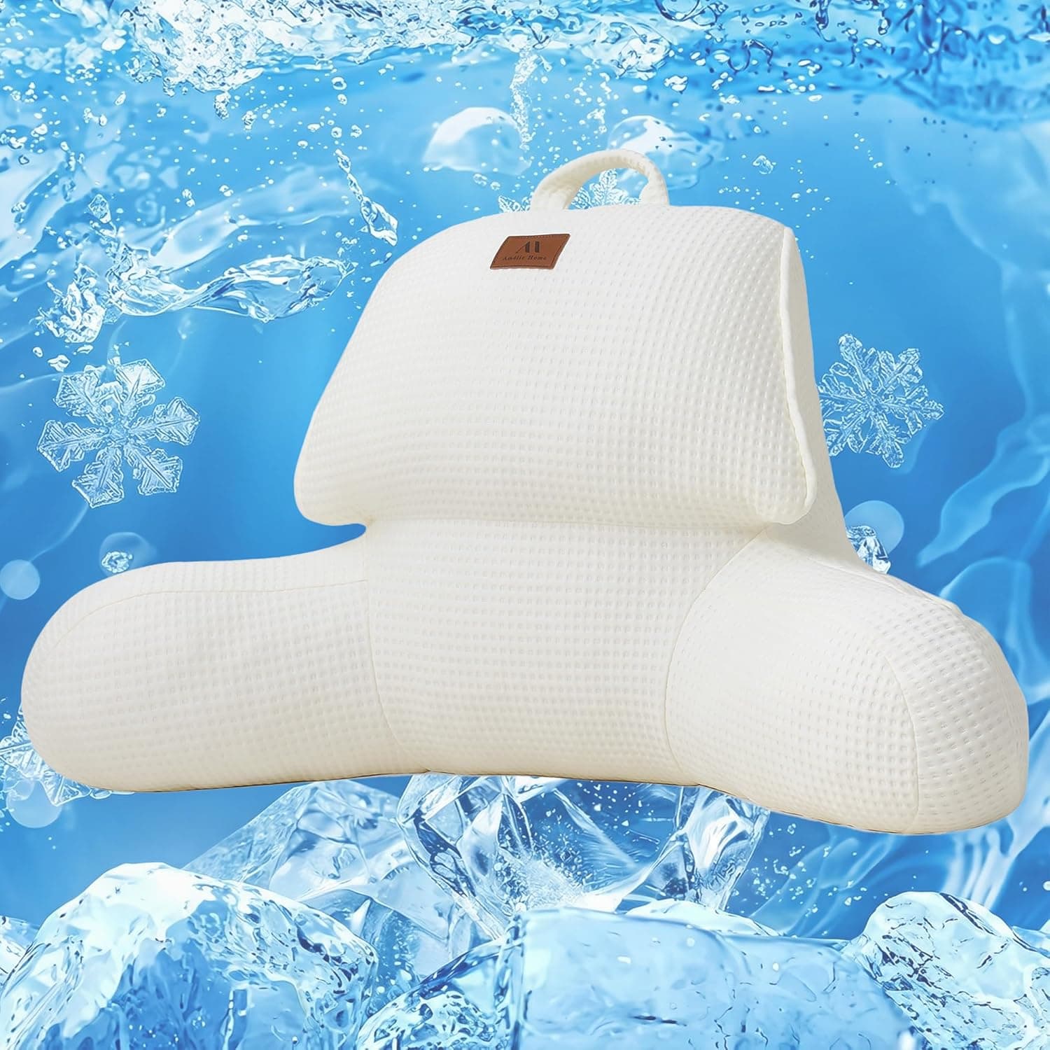 Premium Cooling Waffle Reading Pillow, Qmax>0.37 Ergonomic Backrest Support with Pocket & Handle, Breathable Lounging Pillow for Bed Sofa Floor Summer, 17 Inches, Ivory