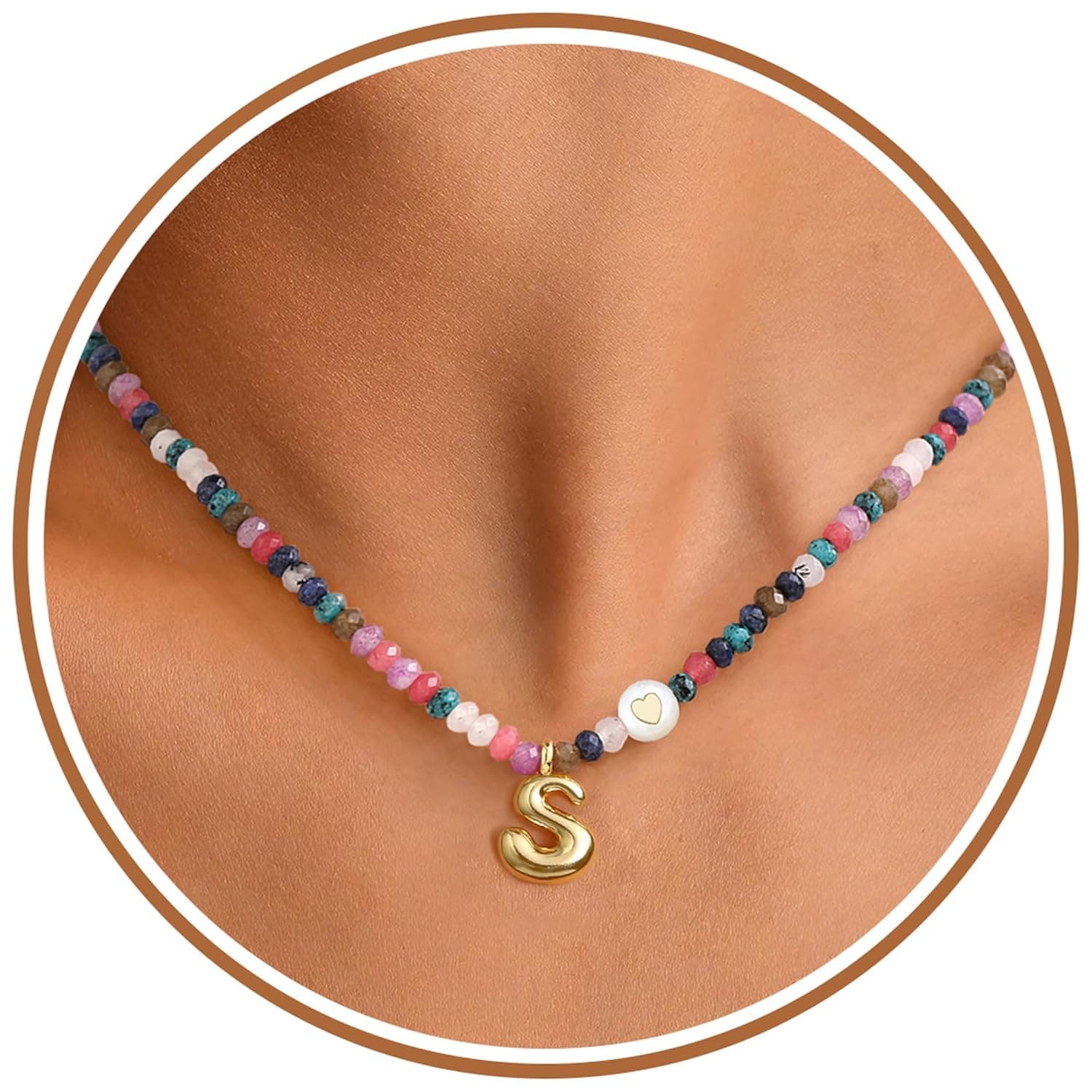 Beaded Necklaces for Women Teen Girl Gifts Bubble S Necklace Initial Gold Letter Pendant Colorful Natural Stone Bead Necklace Birthday Gifts for Women Mom Wife Girlfriend Jewelry
