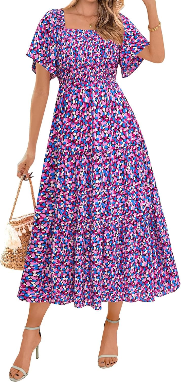 BTFBM Women's Clothing Wedding Guest Dresses Casual Boho Floral Short Sleeve Smocked Maxi Beach Spring Summer Dress 2026