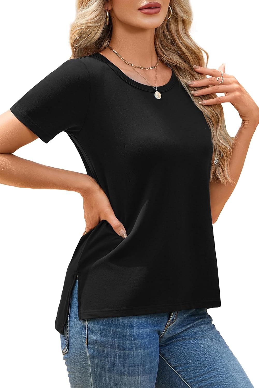 Herou Women's Short Sleeve T-Shirt - Crew Neck Causal Plain Outfit Top with Side Split