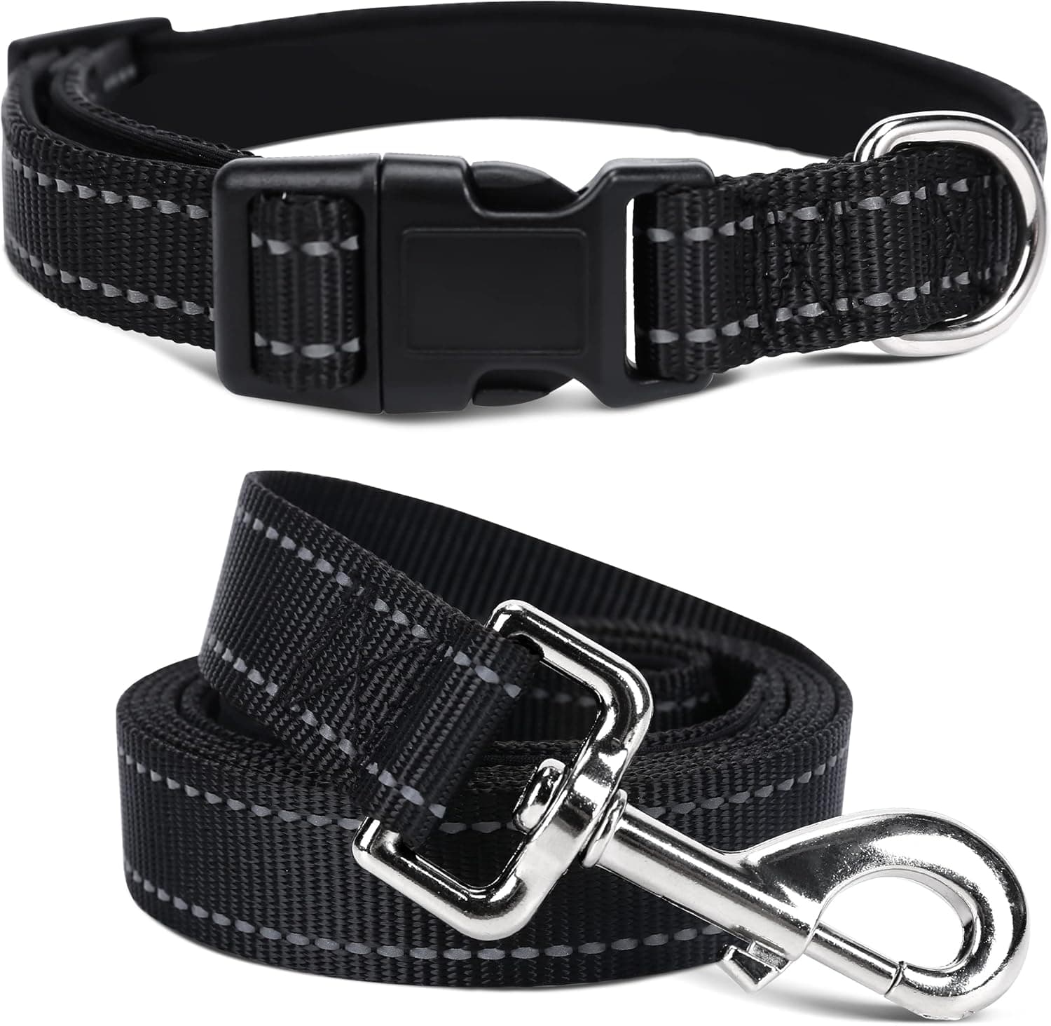 Soft Neoprene Padded Dog Collar and Leash Set for Small Medium Large Dogs, Reflective Durable Nylon Dog Collar with 5ft Leash Easy for Walking, Black,Neck fit 12.5-19.5’’