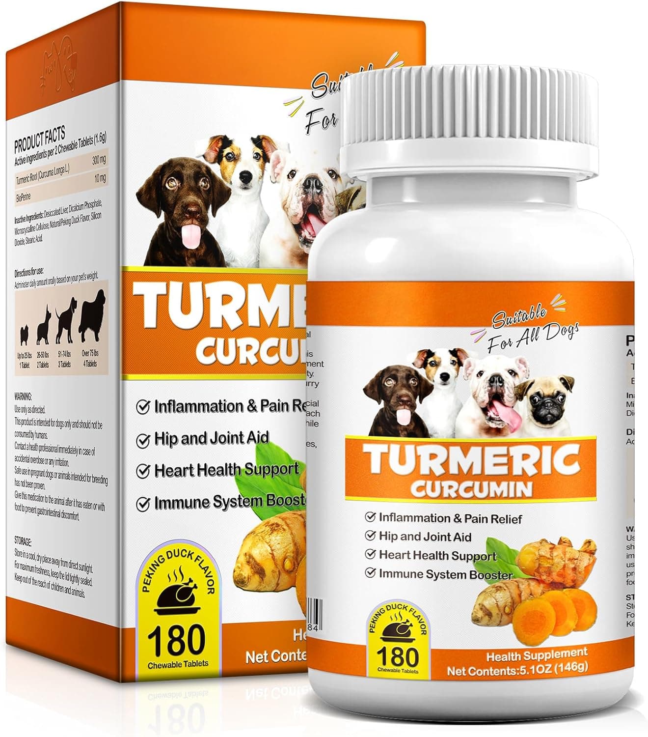 Turmeric Curcumin for Dogs, Hip & Joint Support, Heart Health Support, Immune System Booster, Dog Joint Supplement for All Ages Breeds & Sizes, 180 Chewable Tablets, Peking Duck Flavor - image 1