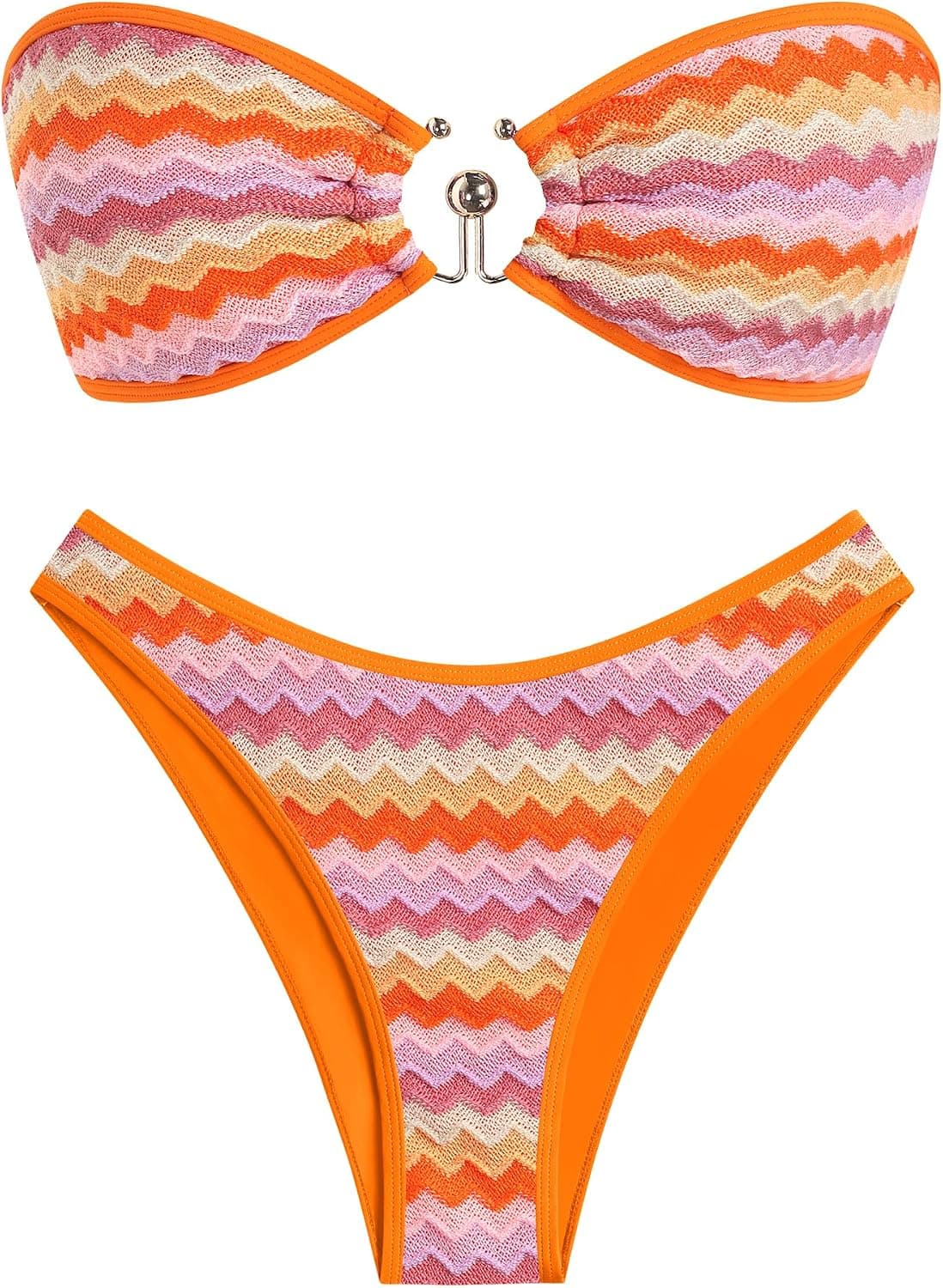 ZAFUL Womens Bandeau Bikini Set Metallic Sparkly O Ring Lace Up Tie Side High Cut Tanga Sexy Bathing Suit Swimwear