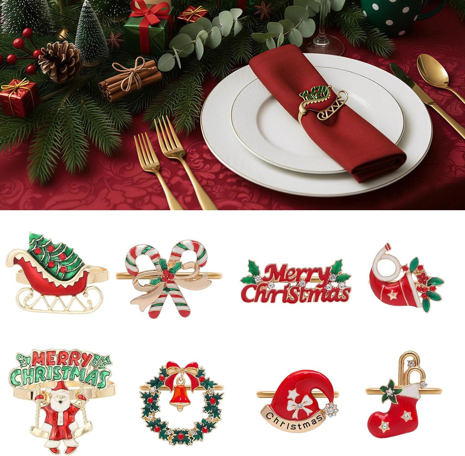 Christmas Napkin Rings Set of 8, Gold Metal Napkins Holder Bulk for Dinner Table Xmas Holiday Party Decor 8pcs - image 1