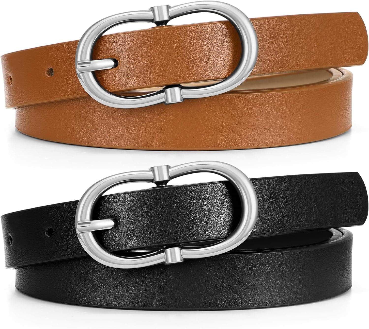 2 Pack Women Belt for Jeans Pants Dresses Fashion Skinny Leather Belts Ladies Wasit Belt with Gold Buckle