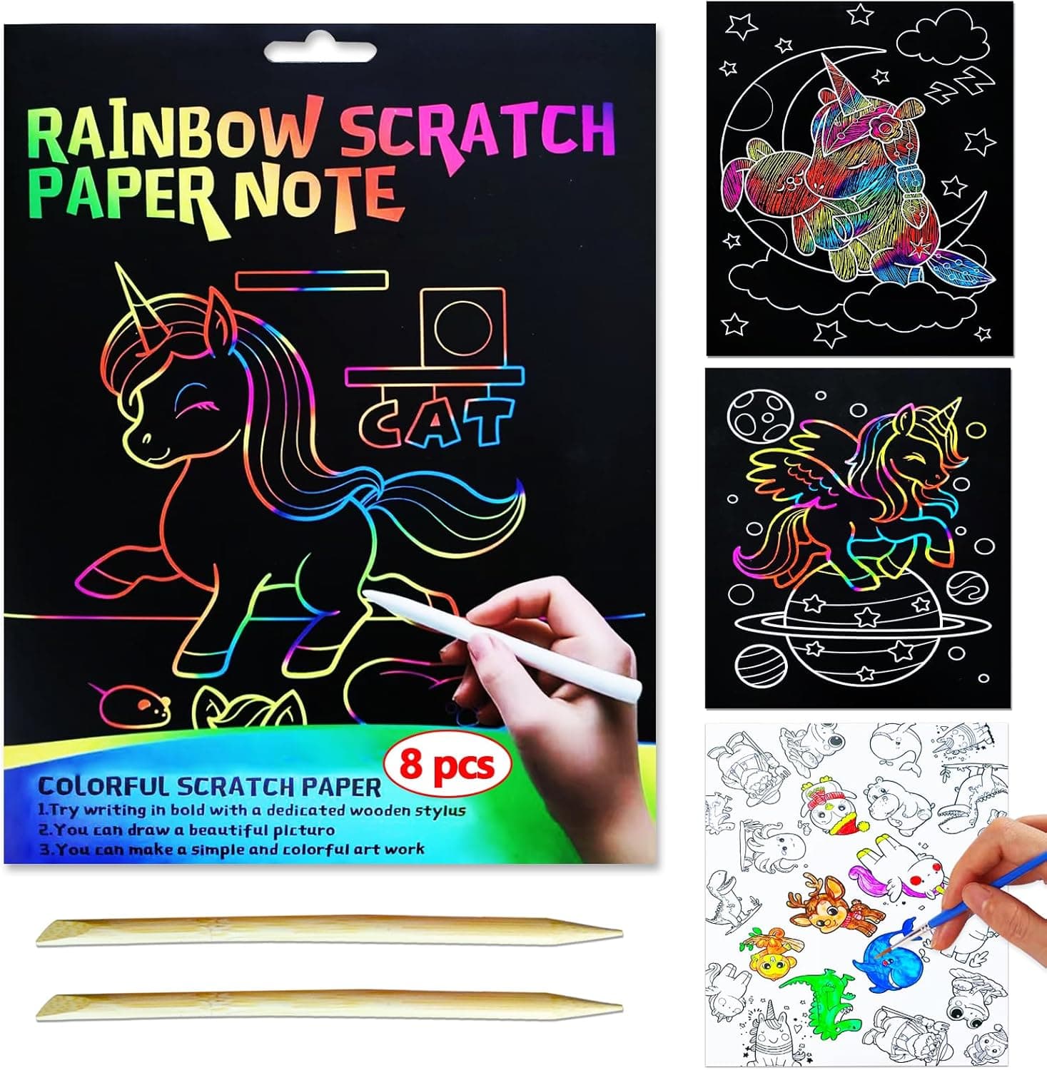 JUNQIU Scratch Art for Kids, Rainbow Scratch Paper Art Set - Unicorn, Arts and Crafts for Girls Boys Ages 4-8, Kid Activity & Christmas Crafts, Stocking Stuffers for Kids