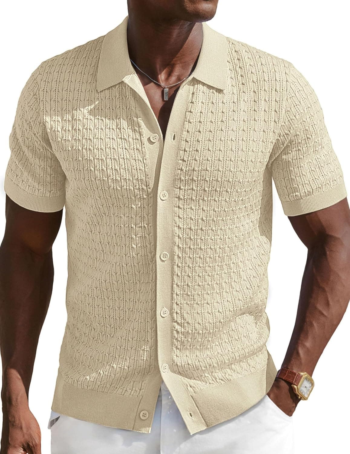 PJ PAUL JONES Men's Polo Shirt Casual Knit Button Down Shirts Summer Textured Golf Polo Shirts