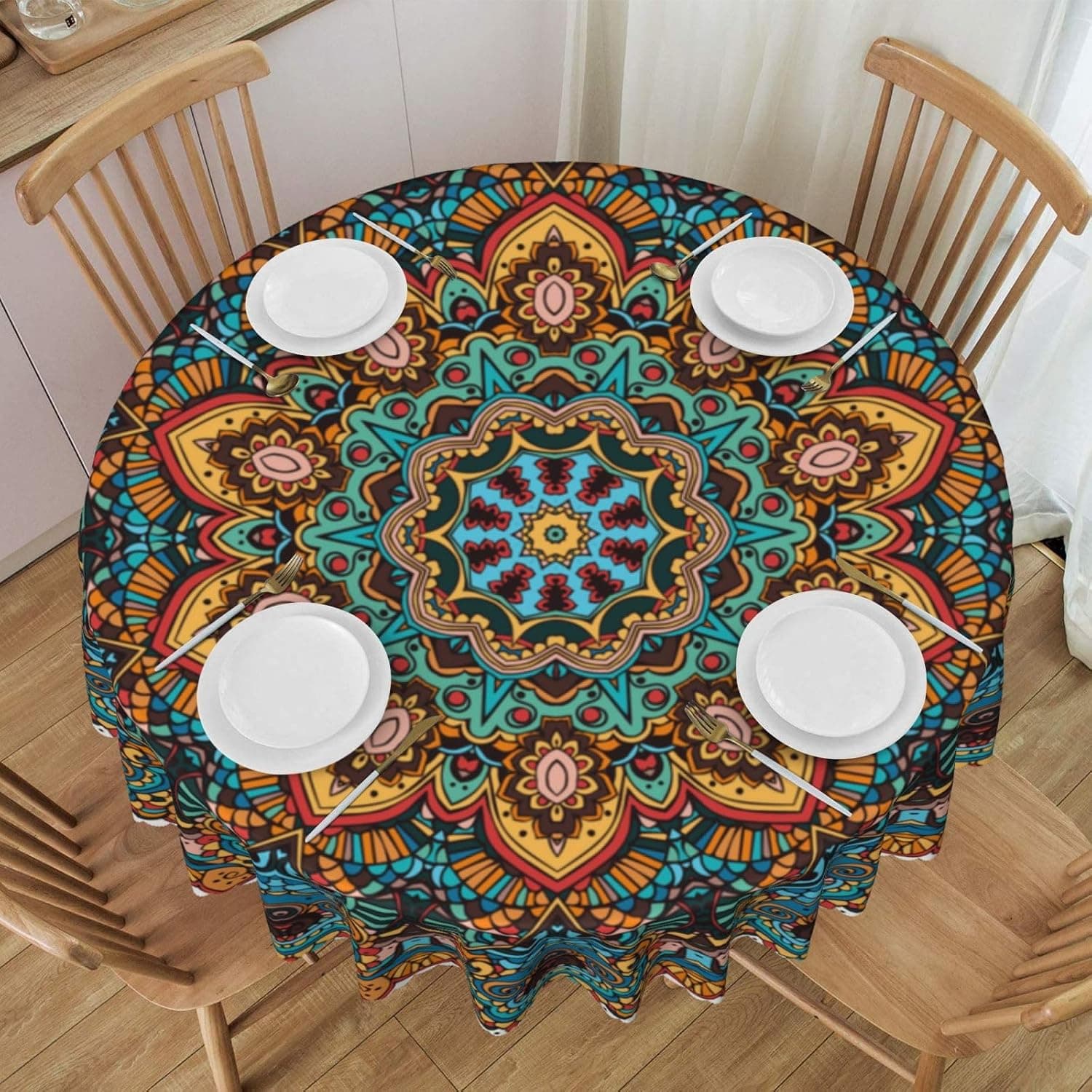 Bohemian Mandala Floral Table Cloth - 36" Round Boho Art Print for Kitchen Dining Room Decor