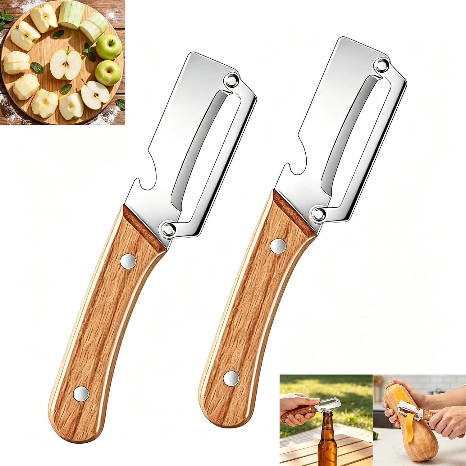 2 Pcs Premium Vegetable Peeler with Wooden Handle and Bottle Opener: 2-in-1 Stainless Steel Kitchen Tool for Fruit Apple Potato Pumpkin Papaya