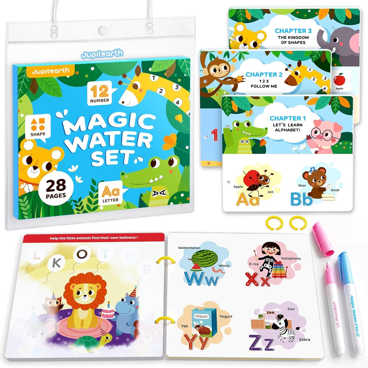 JUPITEARTH Mess Free Coloring Book, Reusable Water Painting Book with 2 Refillable Water Pens 28 Pages, Travel Airplane Road Trip Activity for Toddlers - image 1