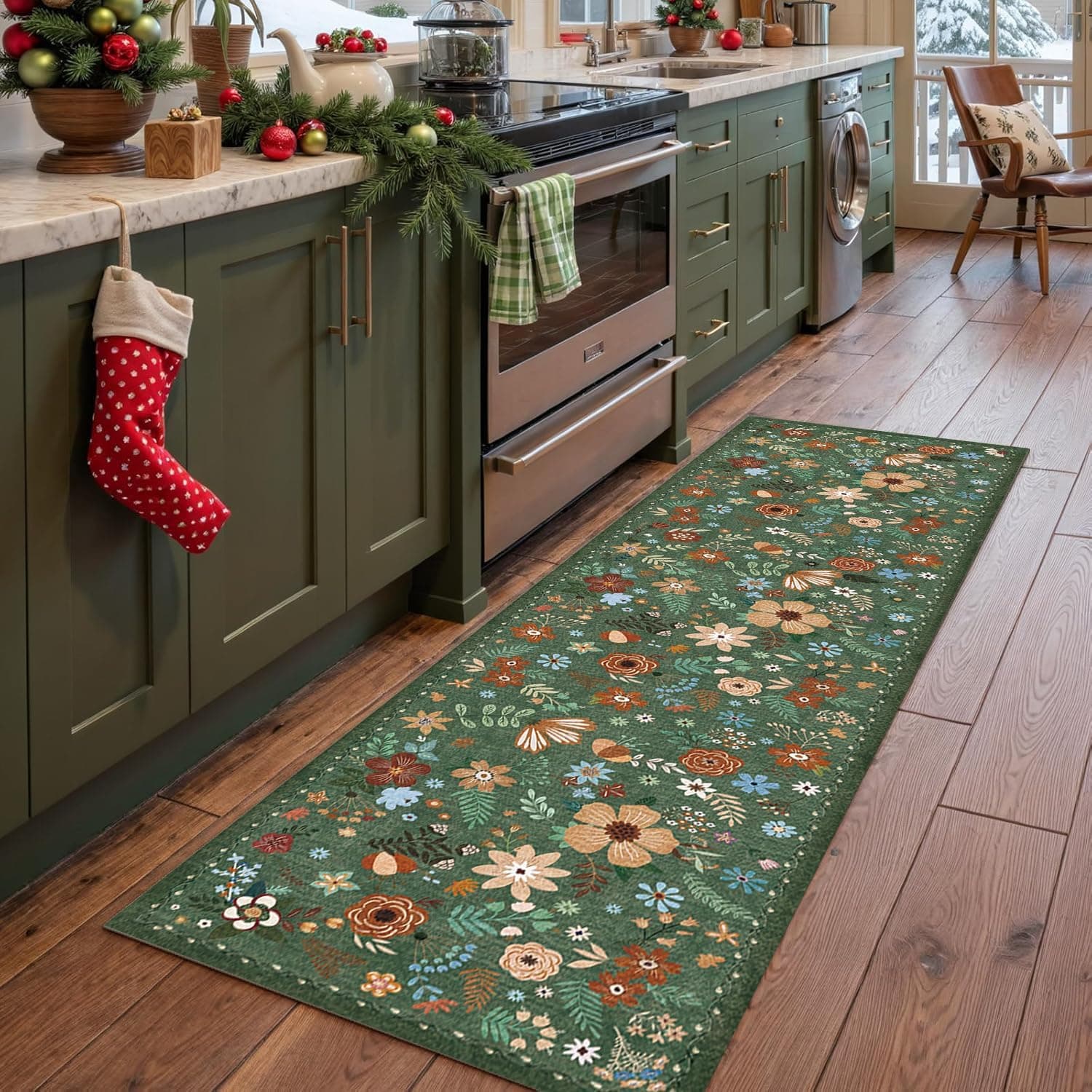 Runner Rug, Floral Rug, Long Rug for Hallway Kitchen,2'x 8',Green