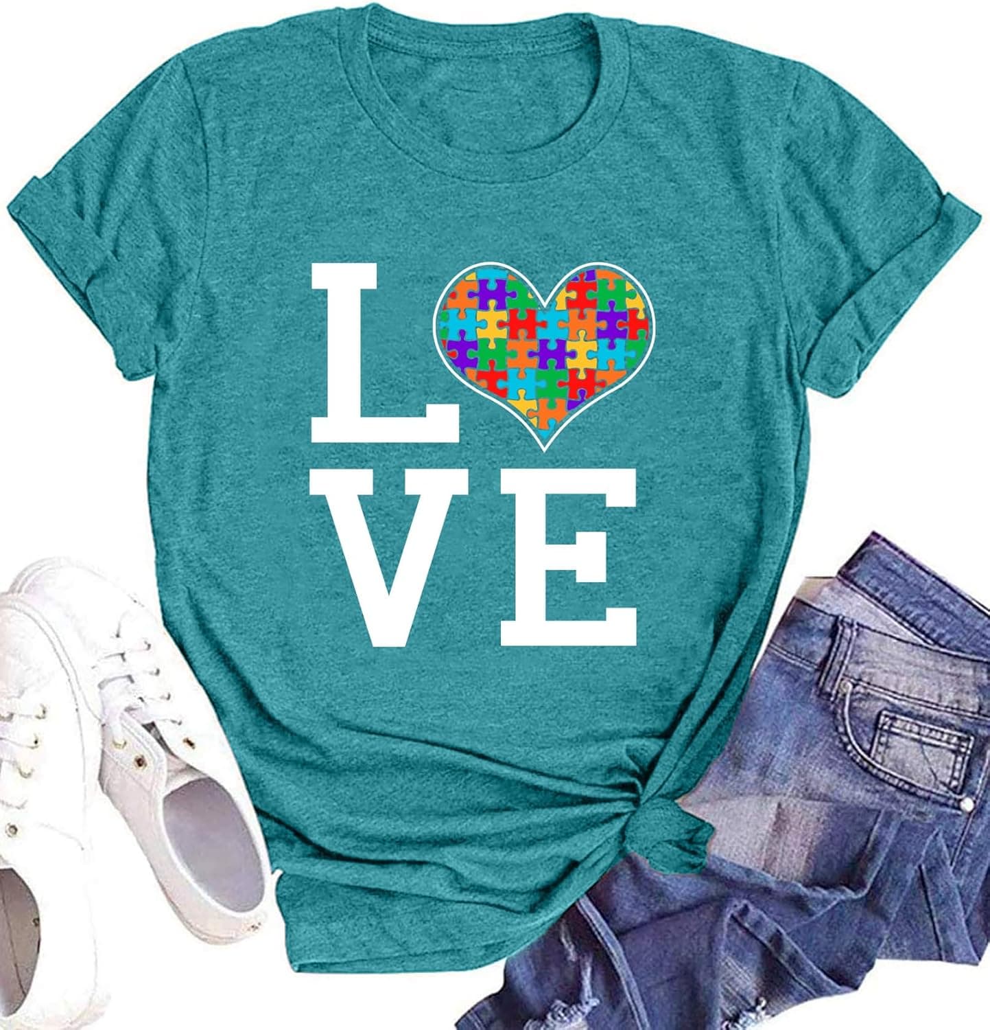 hohololo Autism Awareness Shirt Womens Autism T-Shirt Teacher Puzzle Heart Graphic Tee Autism Acceptance Tops