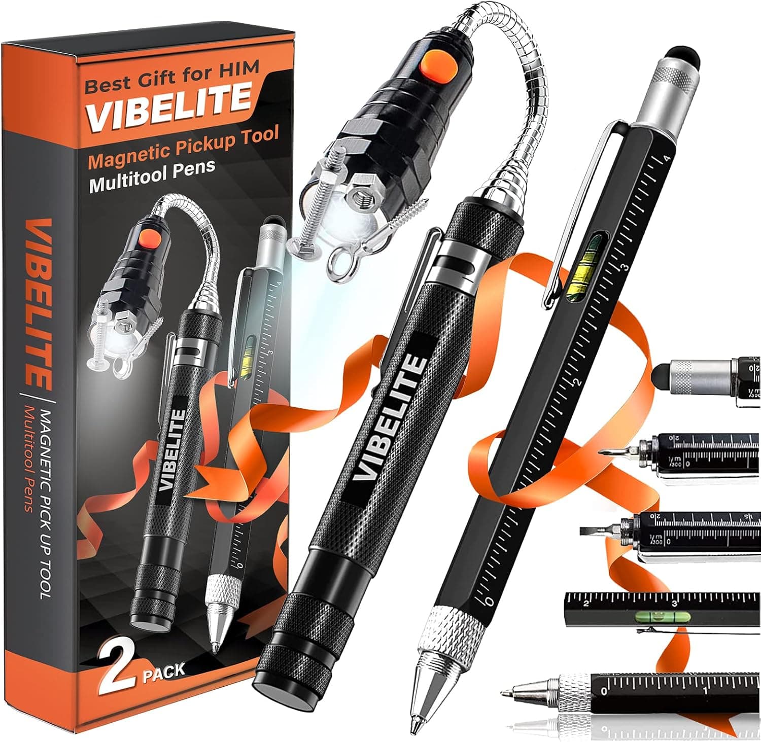 Magnetic Pickup Tool and 6 in 1 Multitool Pen with Touch Screen Stylus, Rulers, Bubble Level, Flathead, Phillips Screwdriver, Ballpoint Pen, BIrthday Gifts for Men, Him, Dad, Mechanic, Women, 2Pack