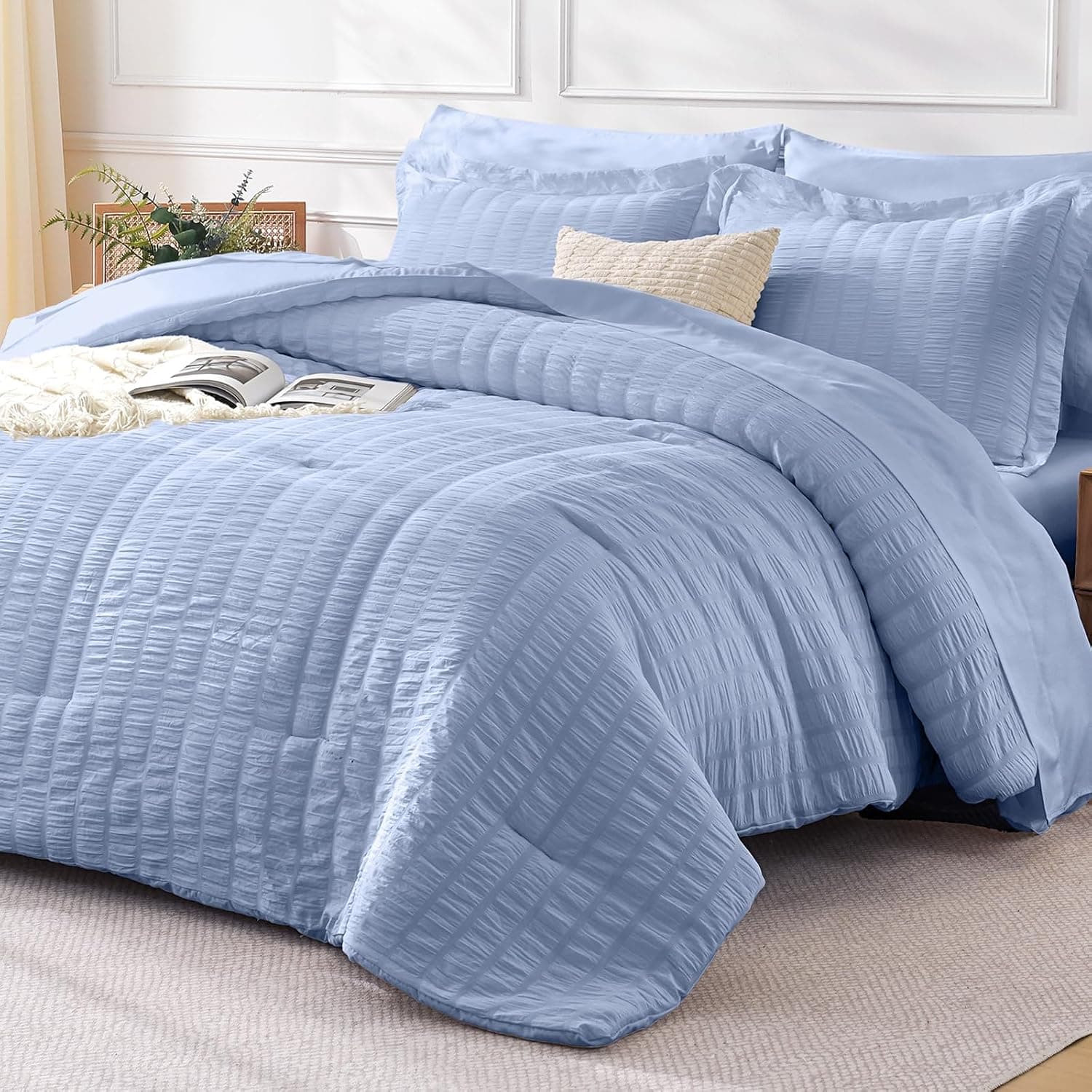 Comforter Set Seersucker 7 Pieces, All Season Bedding Set Full, Bed in a Bag Comforter Set with 1 Comforter, 1 Flat Sheet, 1 Fitted Sheet, 2 Pillowcases and 2 Pillow Shams, Baby Blue