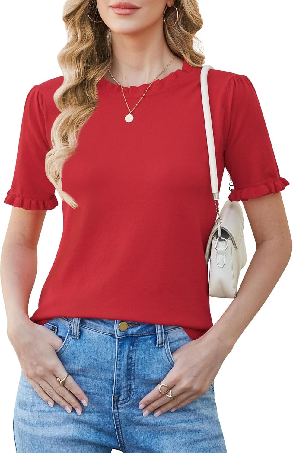 Women Puff Short Sleeve Sweater Tops Ruffle Crewneck Knit Pullover Work Blouses Dressy Casual Top Shirt Spring Summer