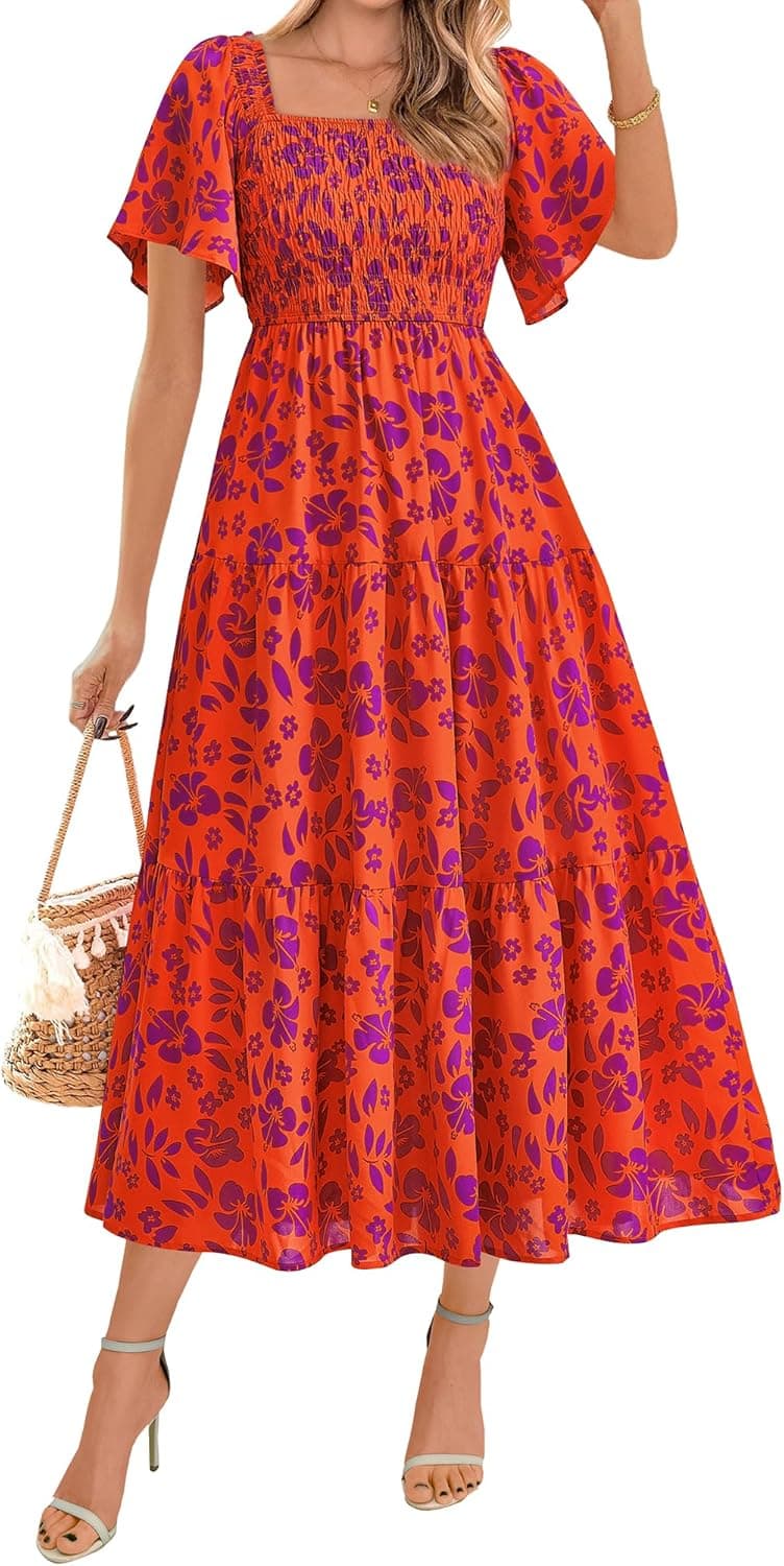BTFBM Women's Clothing Wedding Guest Dresses Casual Boho Floral Short Sleeve Smocked Maxi Beach Spring Summer Dress 2026
