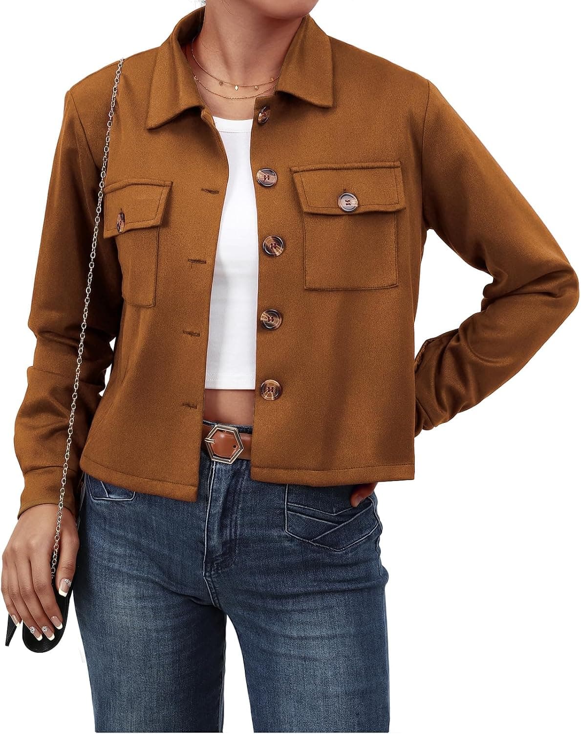 Women's Faux Suede Cropped Jacket Casual Button Down Fall Shacket Jackets Long Sleeve Outerwear Coats