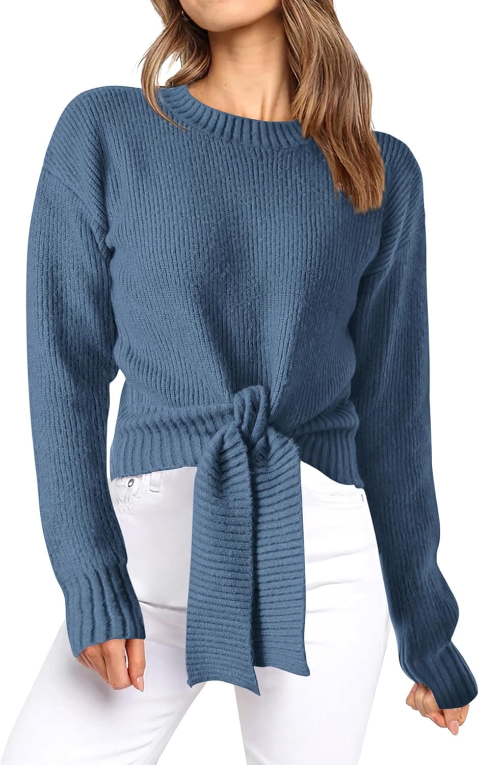 Okiwam Women's Long Sleeve Cropped Sweaters Casual Knit Pullover Tie Front Crew Neck Fall Outfits Spring Fashion Clothes 2026 - image 1