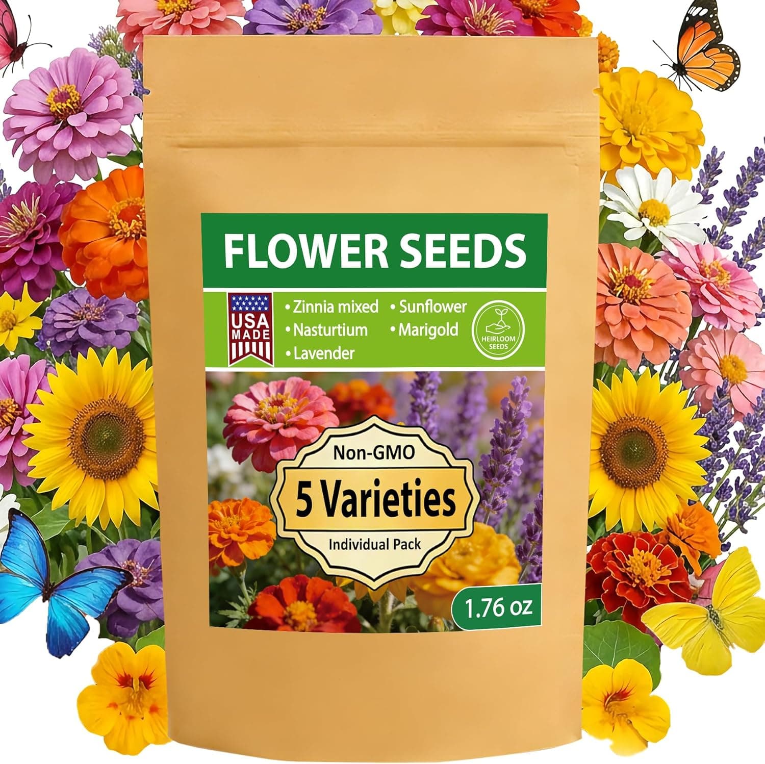 LUOJIBIE 5 Varieties Flower Seeds in Individual Packs, Includes Zinnia, Lavender, Sunflower, Marigold Nasturtium, 15,000+ High Germination Non-GMO Seeds for Planting Indoor Outdoor, Open Pollinated - image 1