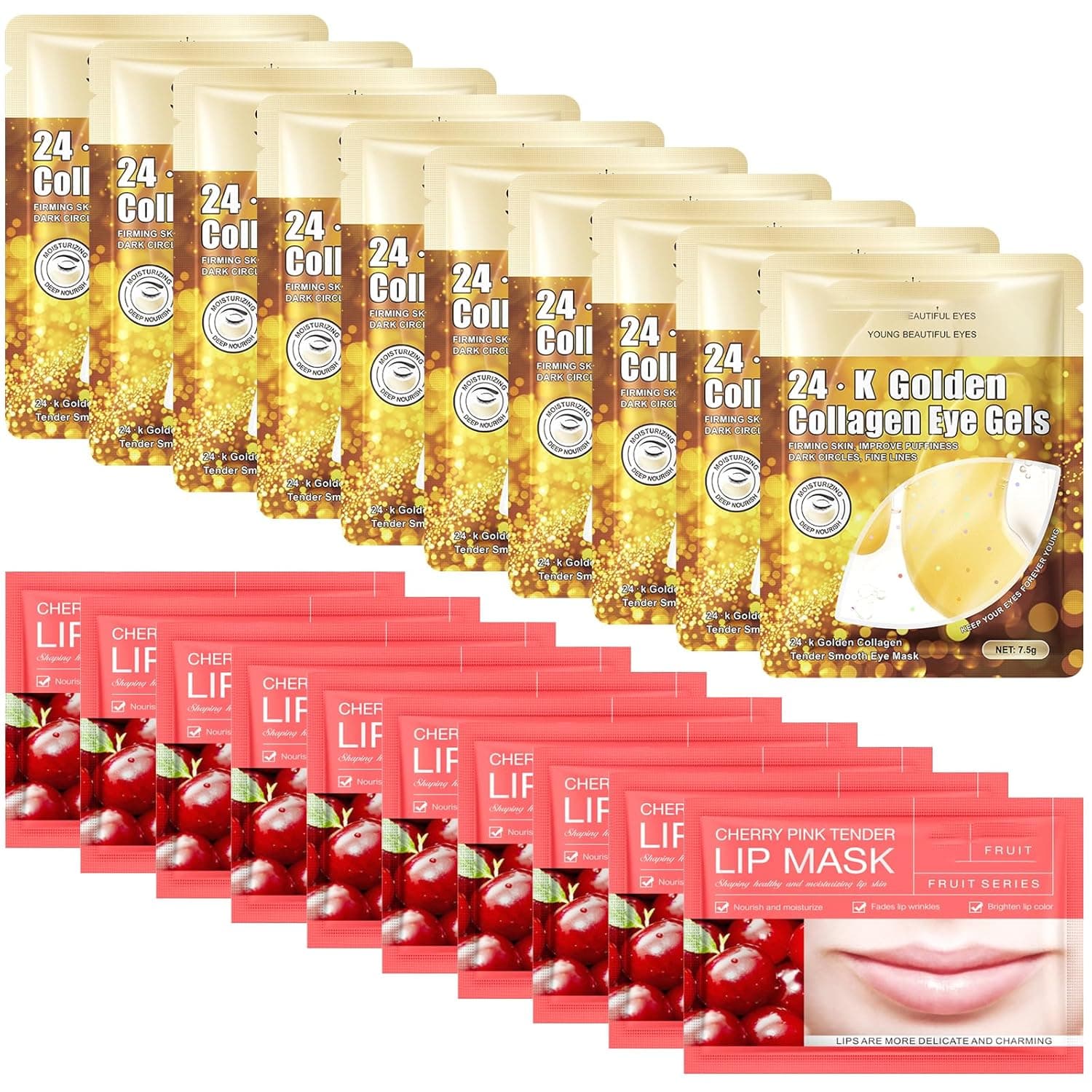 30 Pcs Lip Masks & Eye Masks, 24K Gold Crystal Gel Collagen Eye Pads, Cherry Under Eye Patches for Puffy Eyes, Dark Circles, Wrinkles and Fine Lines, Bachelorette Party Favors, Bridesmaid Gifts