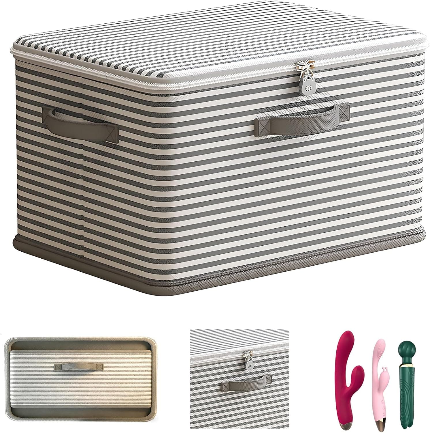 JCL Discreet Lockable Adult Toy Box Storage Organizer with Zipper Lid, 15x10x10 Inch Large Capacity Travel Case, Secure Lock Privacy Bag for Women & Men Clothes Container(Gray Stripes)