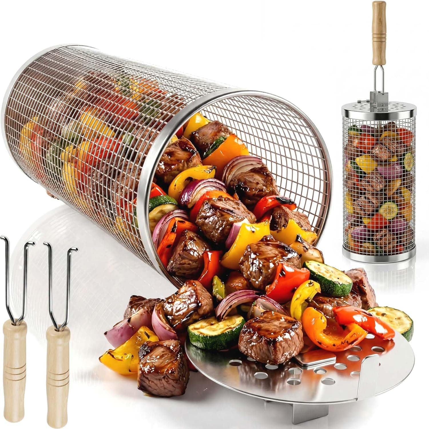 Rolling Grill Basket,2-Pack 304 Stainless Steel Grill Baskets with Removable Wooden Handle,Vegetable Grill Basket BBQ Tool for Outdoor Cooking Camping Gifts for Men Dad Husband
