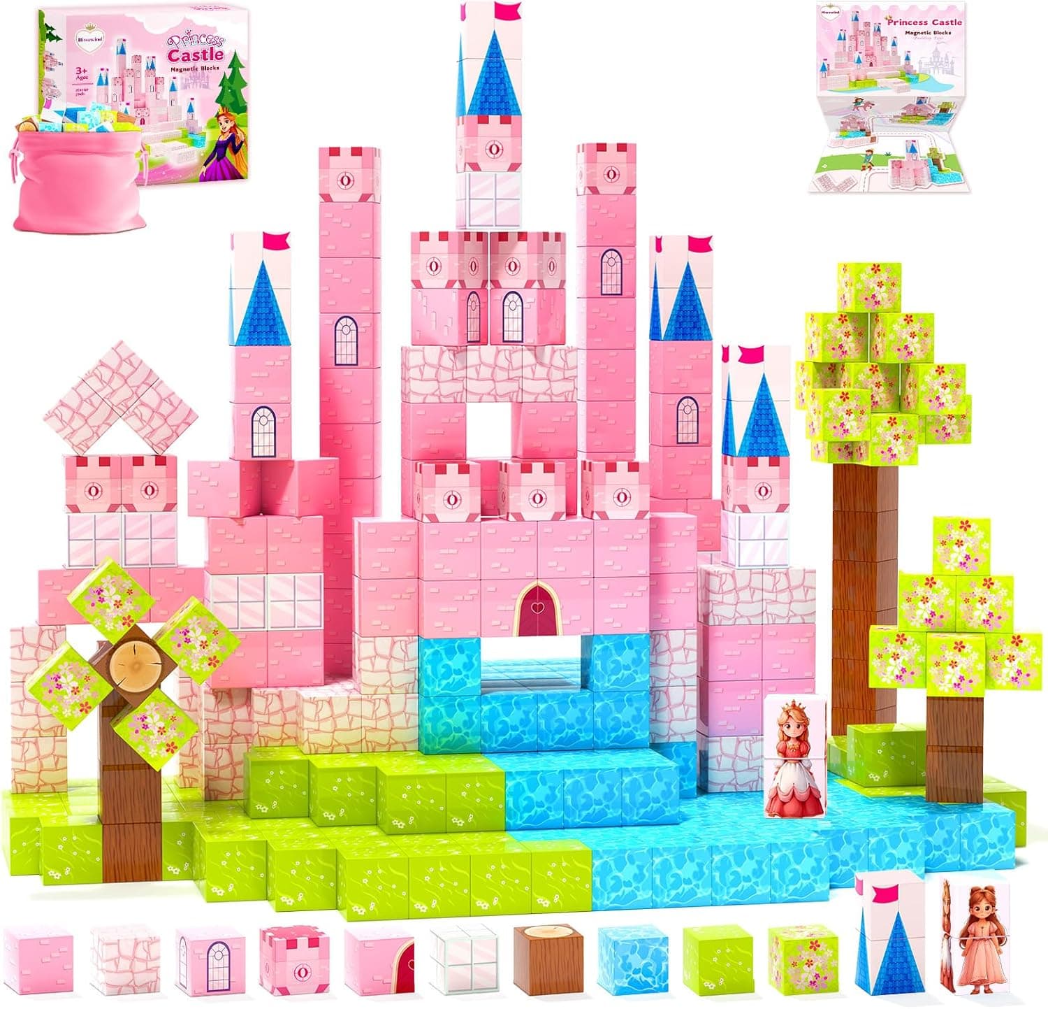Hiwawind Large Magnetic Blocks 64Pcs (1-Inch), Princess Castle Building Toys, Birthday Gifts for 3 4 5 Year Old Girls, STEM Toddler Travel Toys for Age 3-8