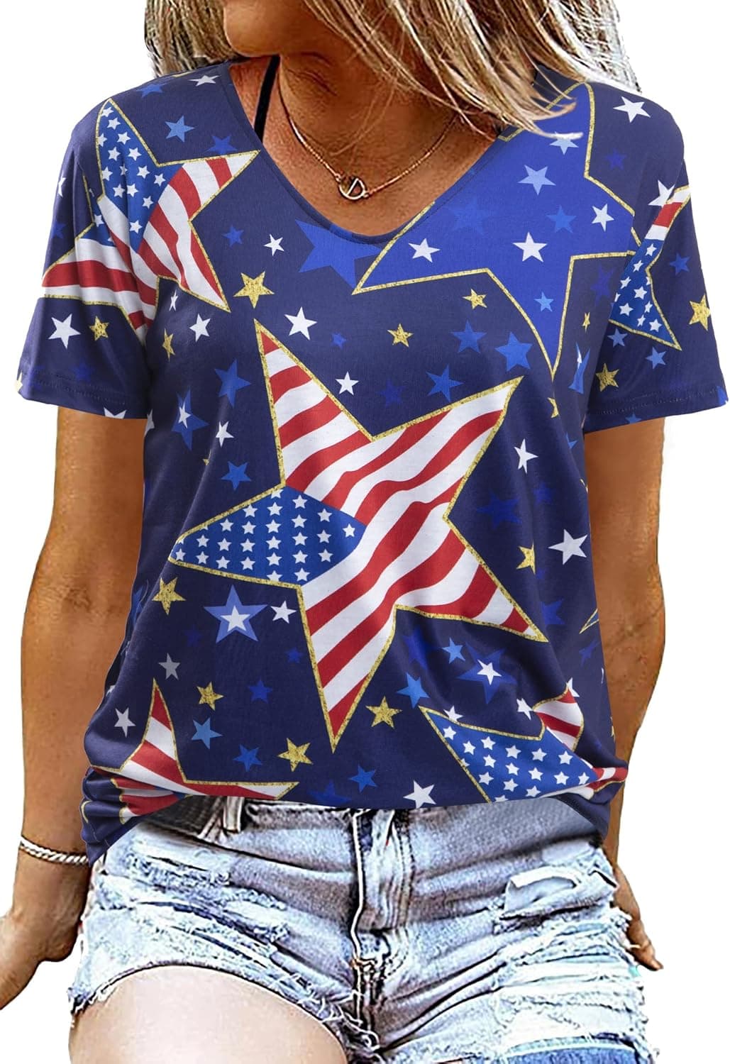 American Flag T Shirt Women USA Star Stripes Fourth July Tee Shirts Casual America Flag Print V Neck Tee Tops