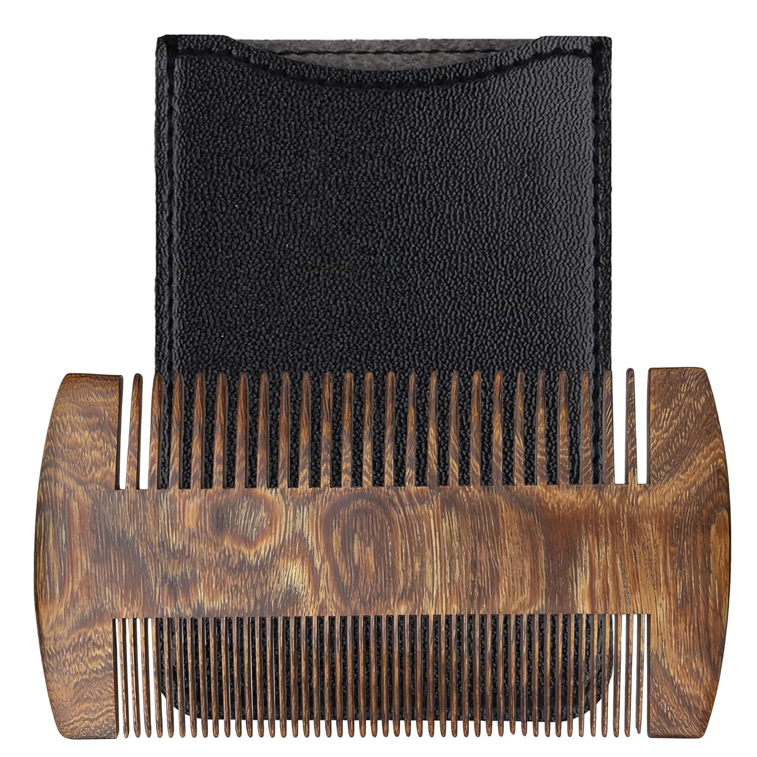 Handmade Black Sandalwood Beard & Mustache Comb for Men, Double-Sided Fine Tooth Wooden Beard Comb with PU Leather Case, Wooden Pocket Comb for Scalp Massage & Beard