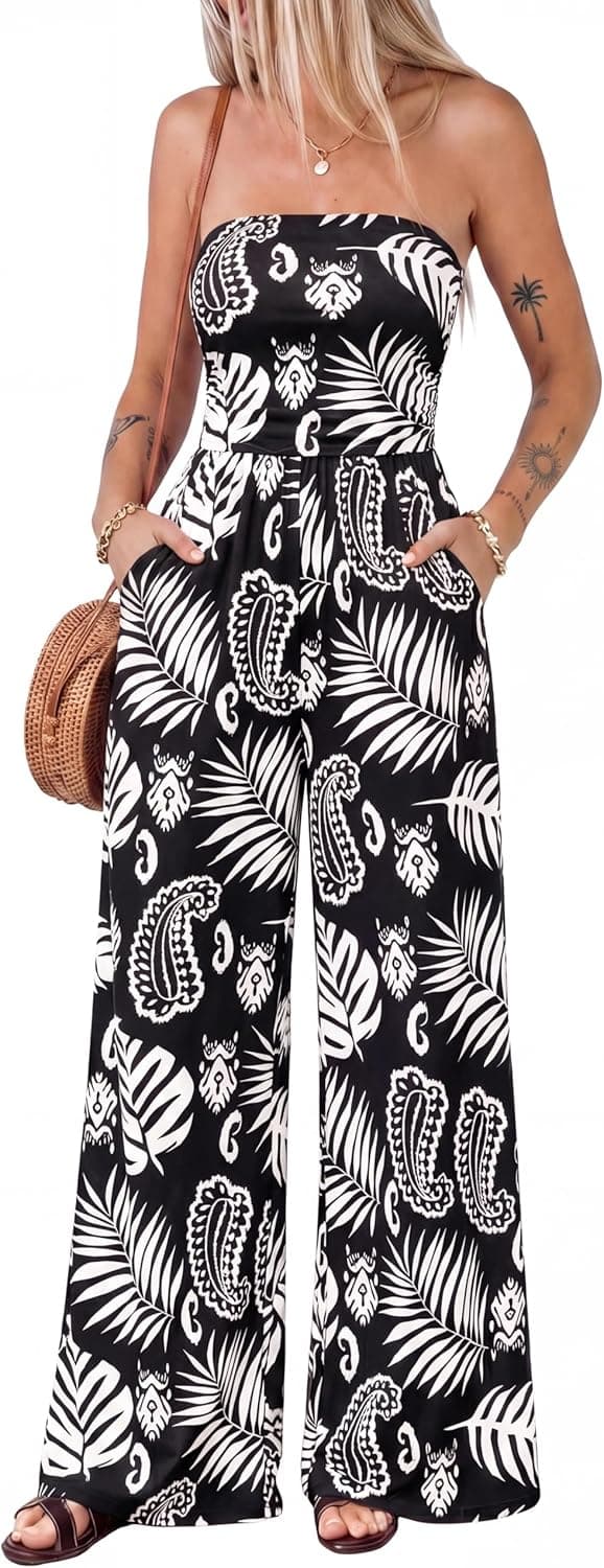 BTFBM Jumpsuits For Women Casual 2026 Floral Strapless Jumpsuit Wide Leg Rompers Beach Vacation Clothes Summer Outfits - image 1