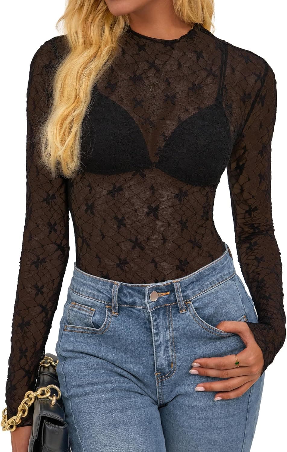 BTFBM Womens Tops Mesh Lace Long Sleeve Tops for Women 2026 Spring Fall Sexy Sheer See Through Tight Party Club Outfits