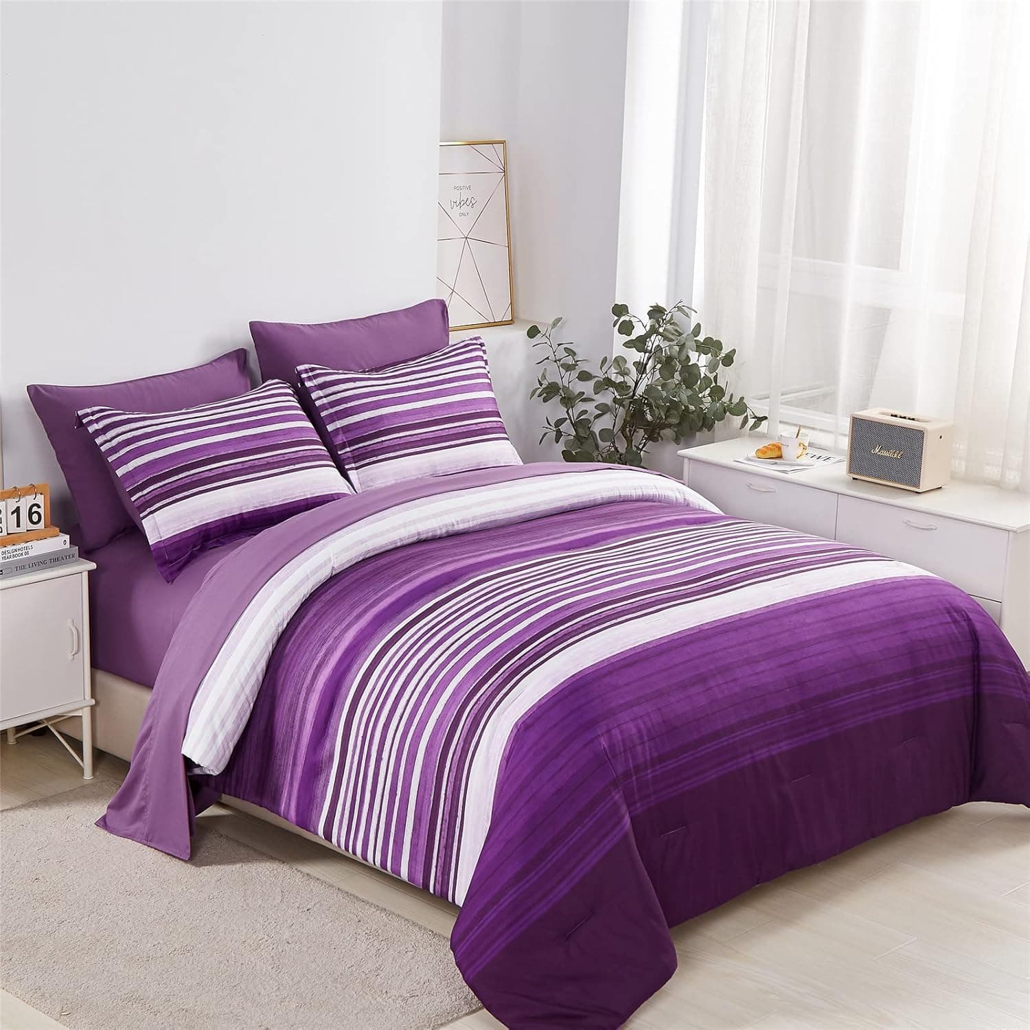 KAKIJUMN 7 Piece Bed in a Bag Stripe Comforter Set King Size, White and Purple Patchwork Striped Comforter and Sheet Set, All Season Soft Microfiber Complete Bedding Sets(Purple,King)