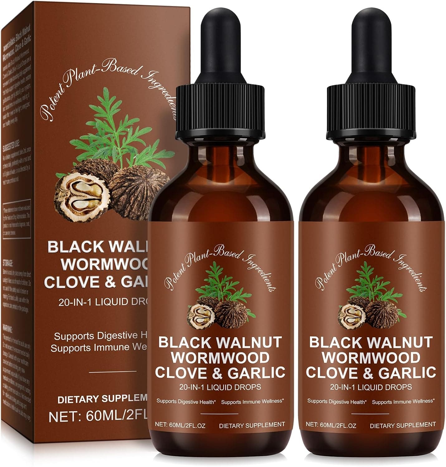 Tiuedu Black Walnut & Wormwood Herbal Liquid Drops, 20-in-1 Plant-Based Herbal Wellness Formula with Clove, Garlic, Pumpkin Seed & Milk Thistle, Fast-Absorbing Liquid, 2Pack