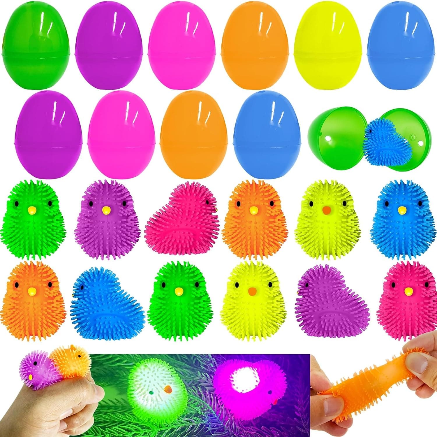 12 Pack Easter Eggs Filled with Light Up Puffer Chicks, LED Squeeze Sensory Fidget Toys, Pre-Filled Flashing LED Stress Relief Balls for Kids Easter Basket Stuffers Party Favors - image 1